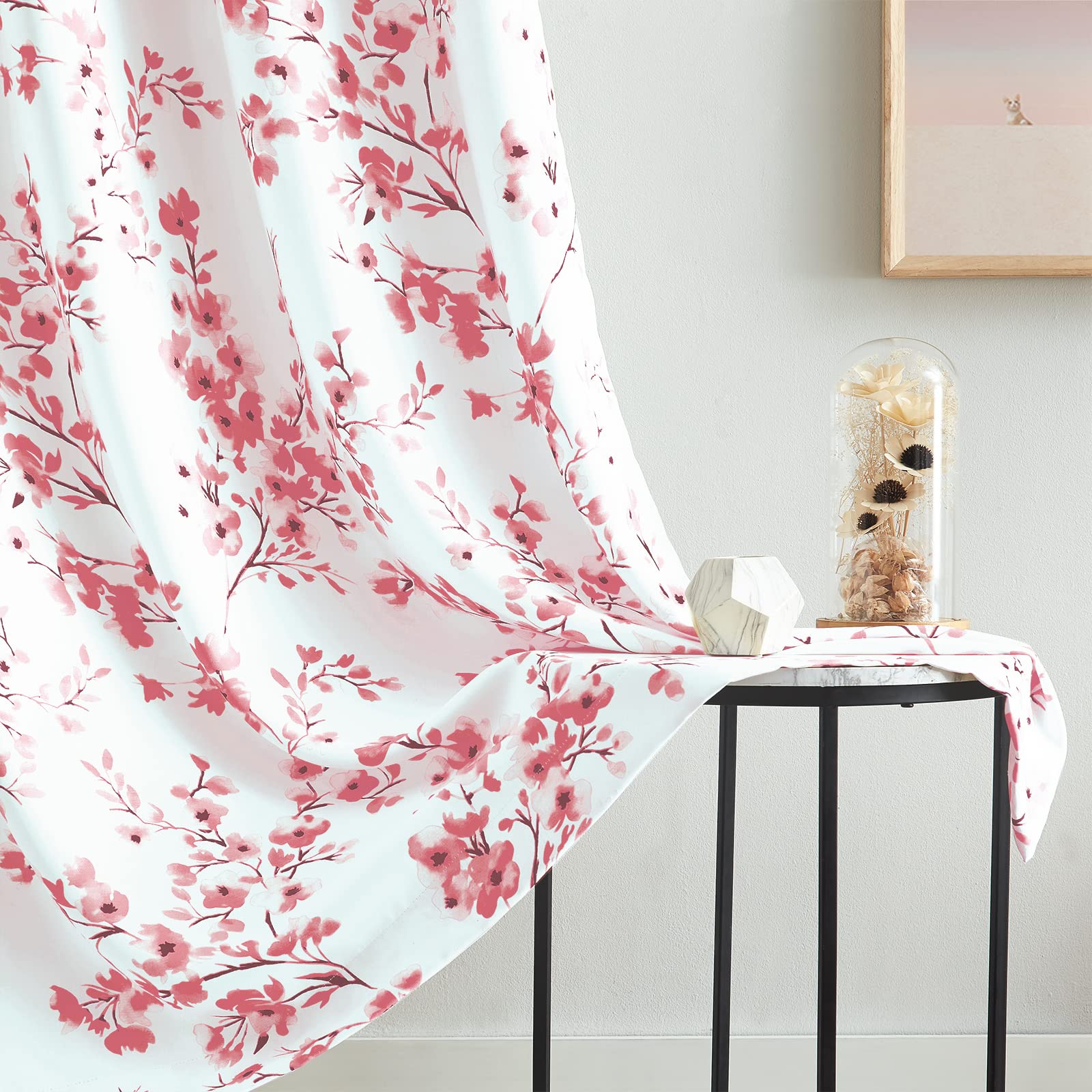 Melodieux Floral Curtains 63 Inch Length for Living Room Farmhouse Pink Apricot Flower Print White Decorative Grommet Drapes - Image 3