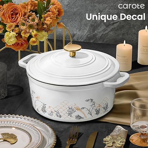 Miniatura 7 de CAROTE Olla de hierro fundido con tapa, horno holandés floral esmaltado de 5 cuartos con caja de regalo, olla de hierro fundido para hornear pan de