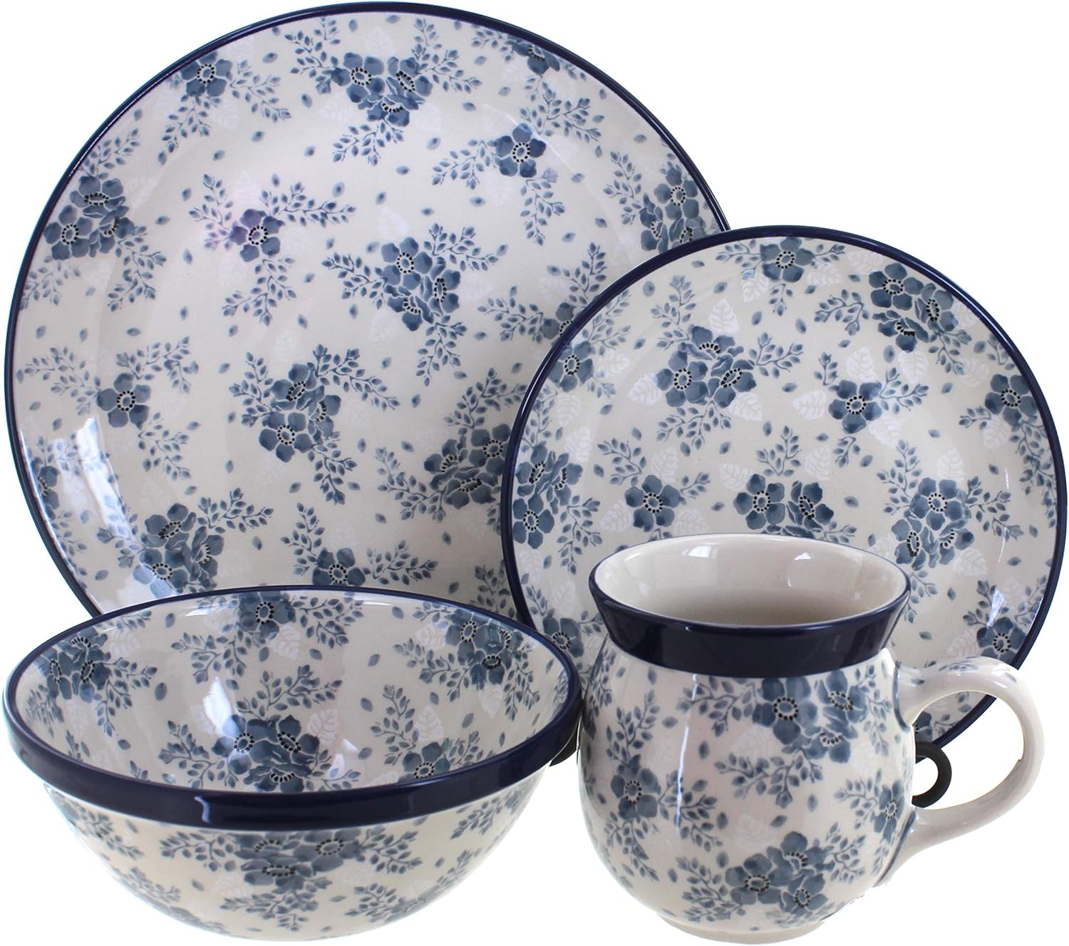 Blue Rose Polish Pottery - Blue Memory Garden 16 Piece Dinner Set - 4 Place Settings - Great for Everyday Dining, Casual Dining, or as Formal Dinnerware