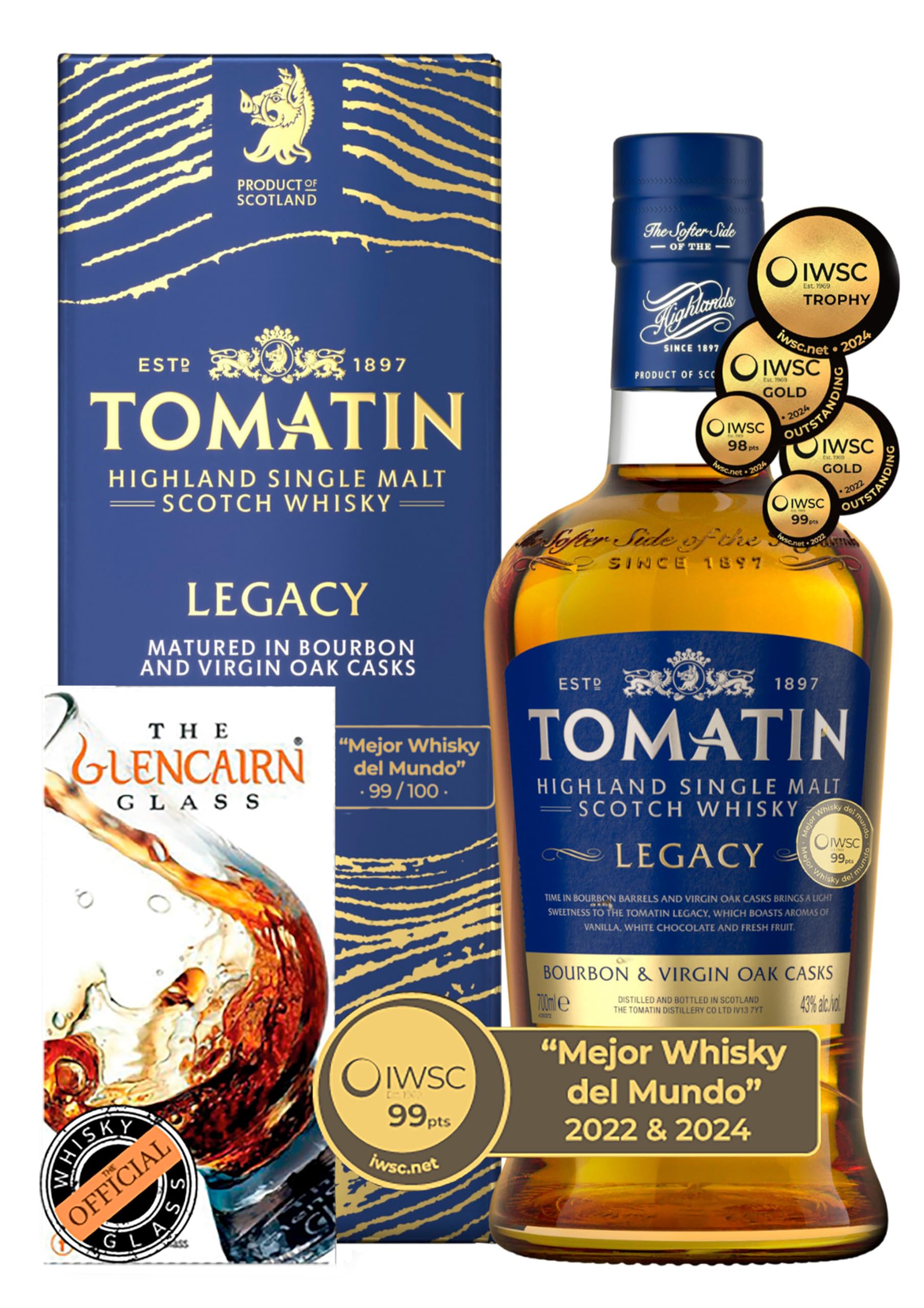 TOMATIN SINGLE MALT WHISKY "LEGACY" + COPA OFICIAL DE WHISKY GLENCAIRN