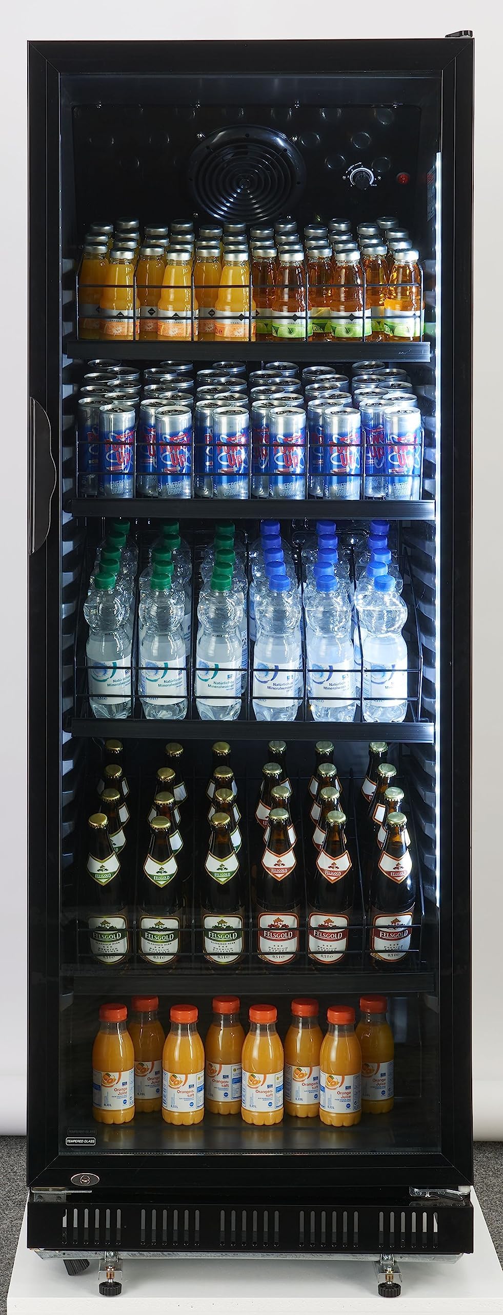 METRO Professional Frigorifero per bevande in acciaio/alluminio, porta in vetro con serratura e chiave, 4 ripiani regolabili, 180 W, illuminazione a LED (Nero, 347 L)