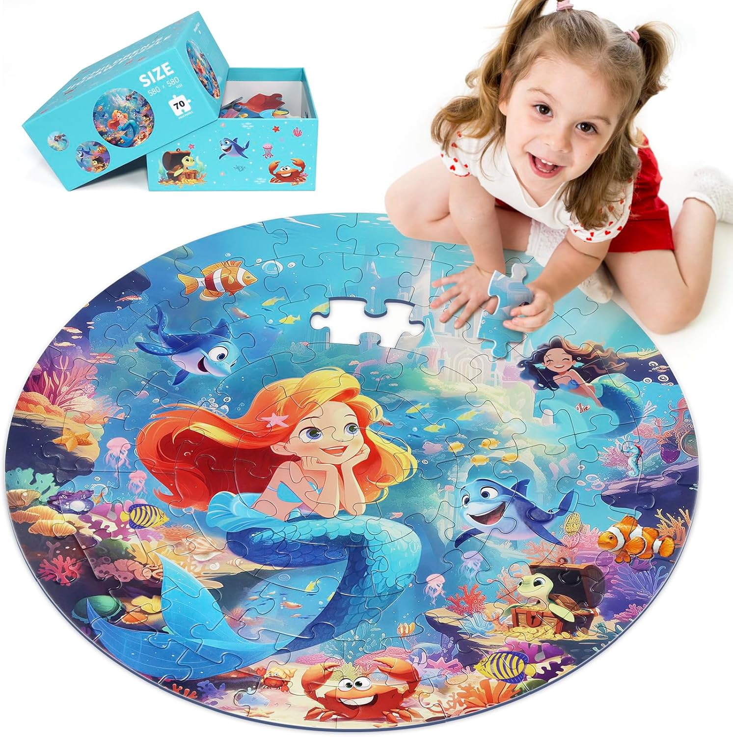 DIGOBAY Floor Puzzles for Kids Ages 3-5, 70 Pieces Mermaid Jigsaw Puzzle for Toddler Girls Ages 3 4 5 6 7 8 Year Old, Large Round Underwater Princess Puzzle Educational Learning Toys Birthday Gift