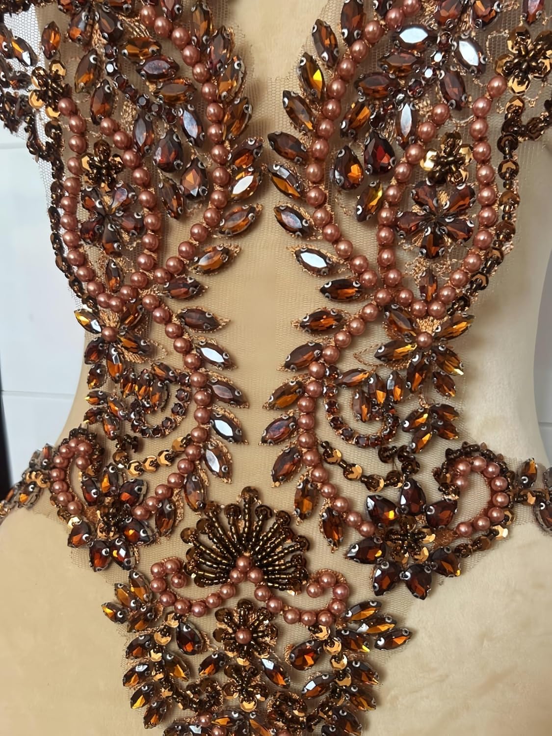 Costumes Evening Dress Appliques Sewing on Lace,Beaded Rhinestones Crystals for Sew on Front Bodice Ornaments Prom Dance Gown DIY Crafts (Brown)