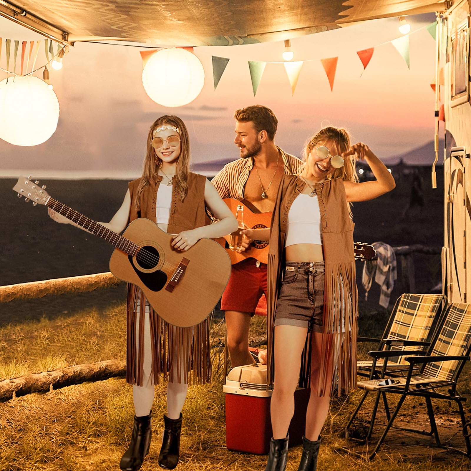 60er 70er Hippie Kostüm Damen Set mit Hippie-Fransenweste und Accessoires,Hippie Kleidung,70er jahre outfit damen, karnevalskostüm Faschingskostüme
