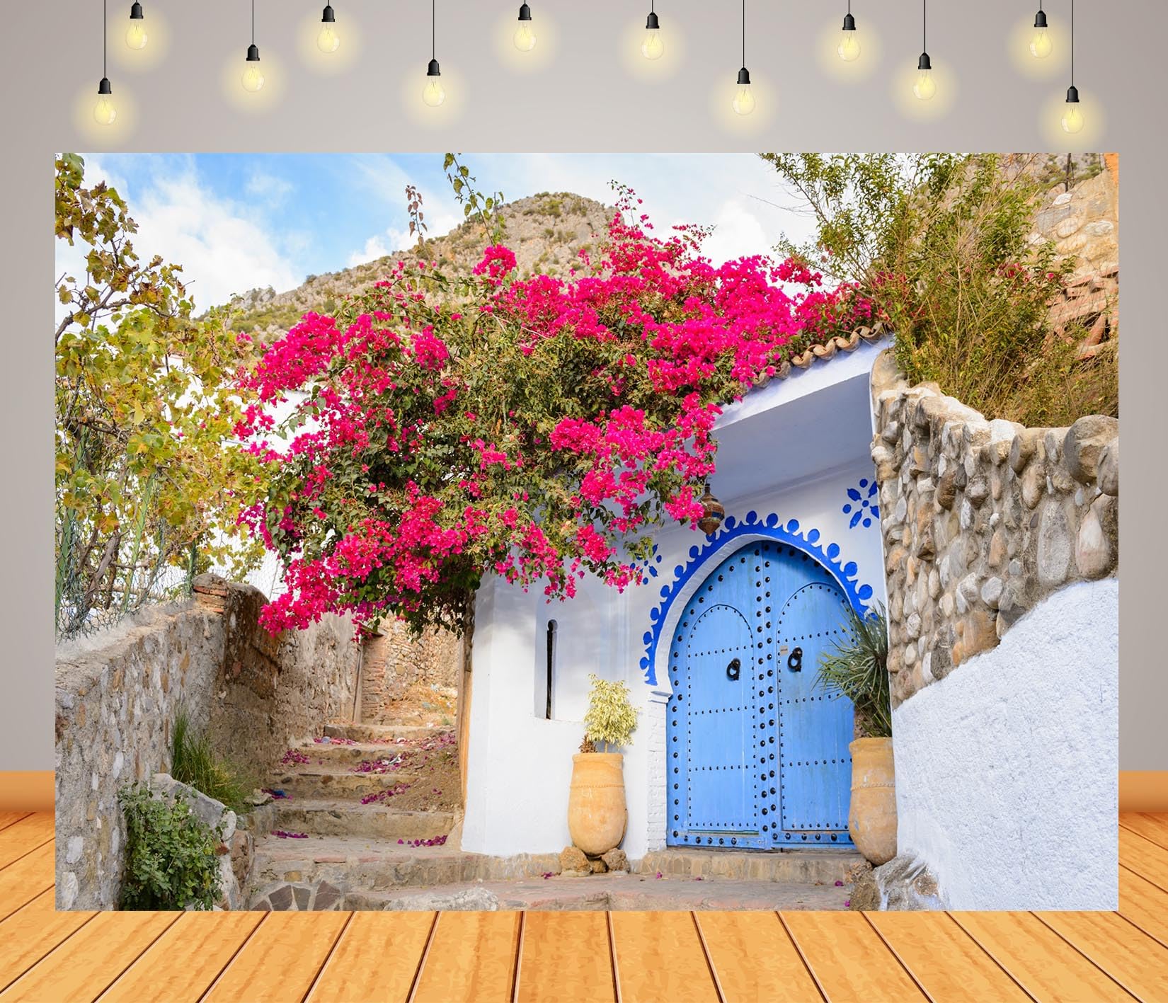 BELECO 3.6x3m Sfondo in tessuto Marocco | Vecchia casa pietra porta blu fiori sbocciati sfondo festa stile arabo marocchino accessori shooting foto