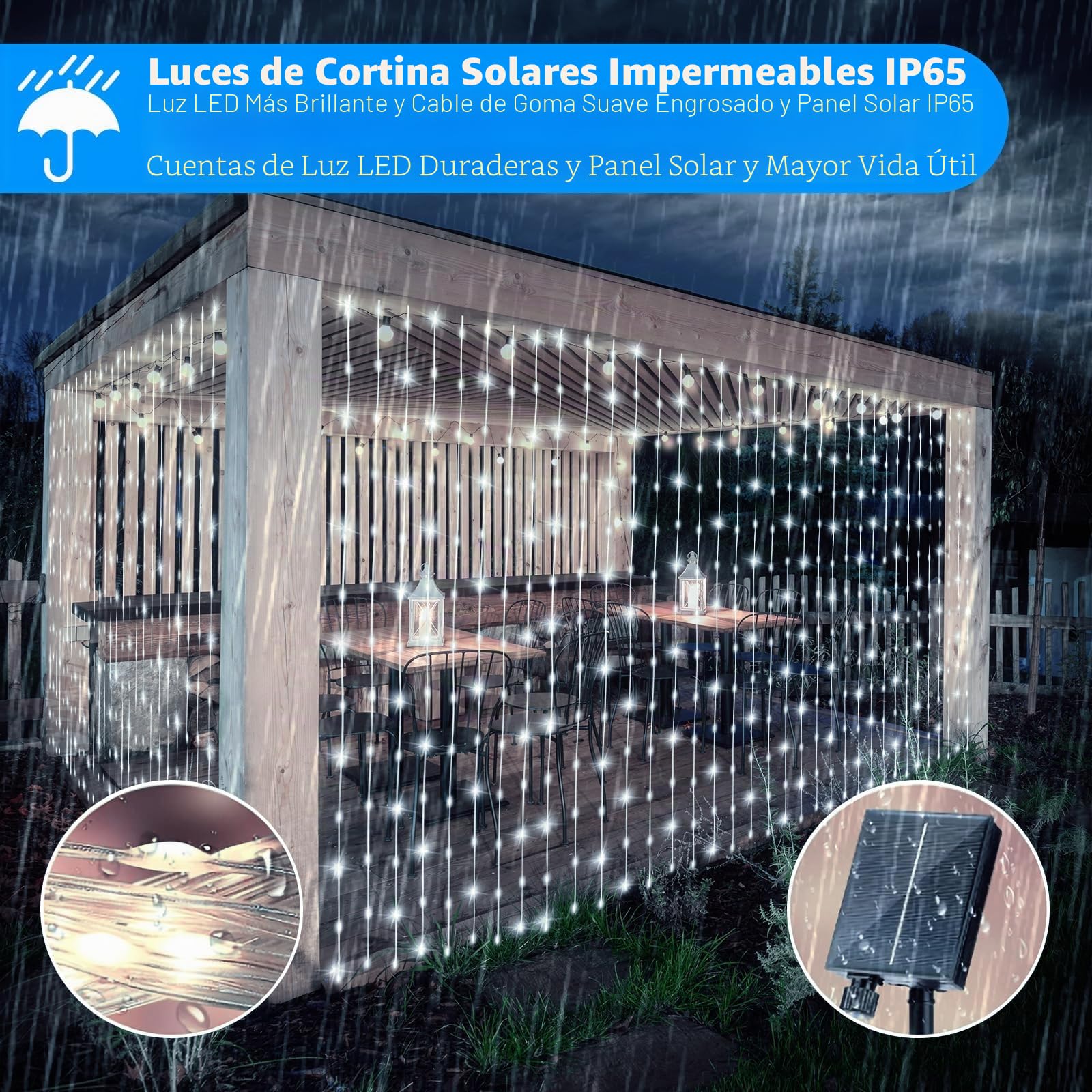 Cortina de Luces Solares, 6x3M 600 LED Cortina Luces Solar Interior Exterior, 8 Modos de Control Remoto, Carga USB, Luz Cadena Solares Colgantes para Jardín Navidad Bodas Fiestas (Blanca Fría)
