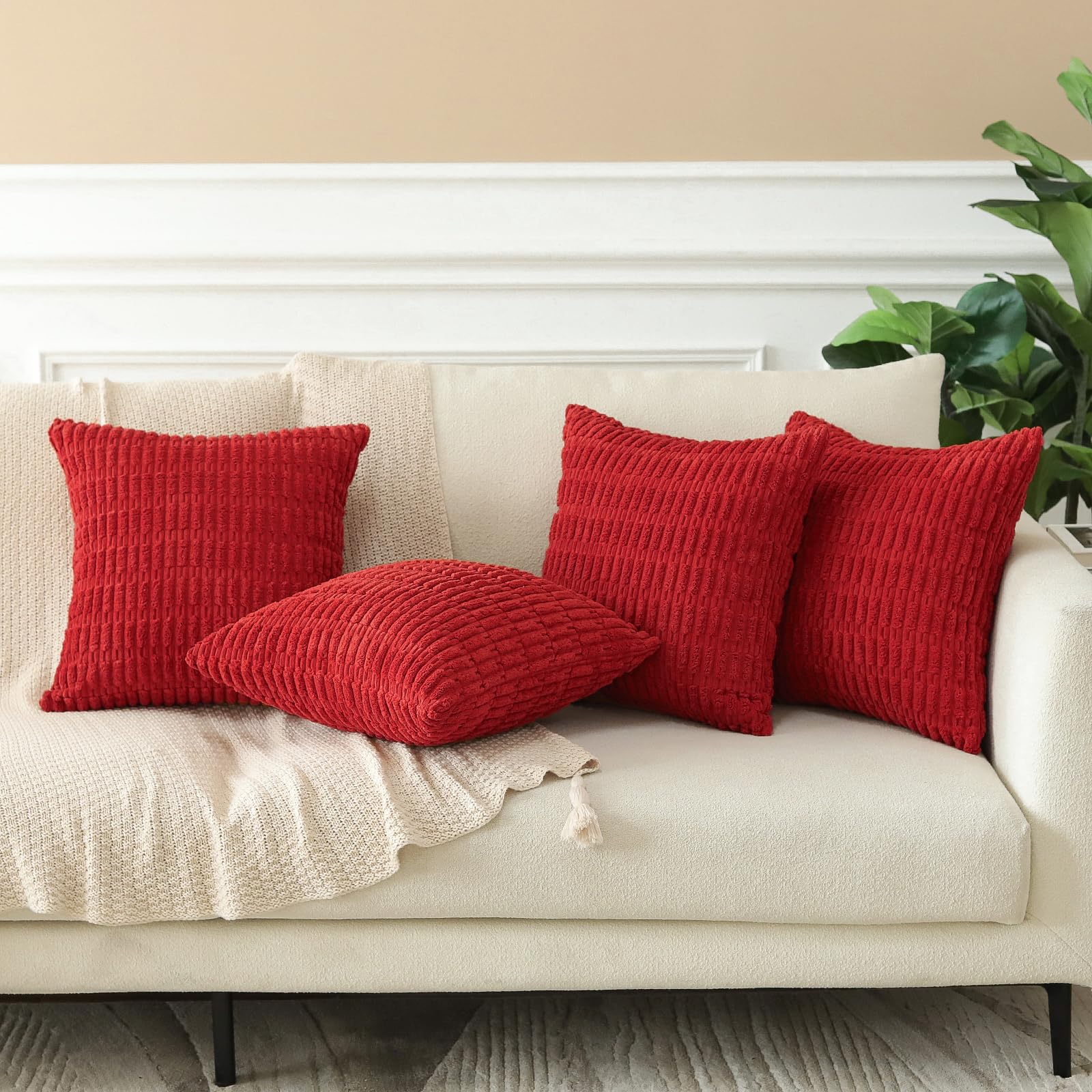 Sungeek Set of 4 Soft Corduroy Decorative Cushion Covers 55x55cm Square Striped Throw Pillow Covers 22x22 Inch for Sofa Couch Living Room Patio Farmhouse Boho Home Decor Pillowcases (Red) - Image 4