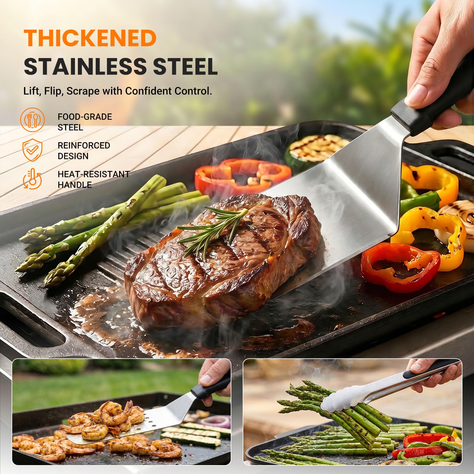 OVERMONT Grillbesteck Set 31-teilig Edelstahl Grillspachtel - Smash Burger Geschenkset mit Grillspachtel Burgerpresse - für Indoor und Outdoor Küche BBQ