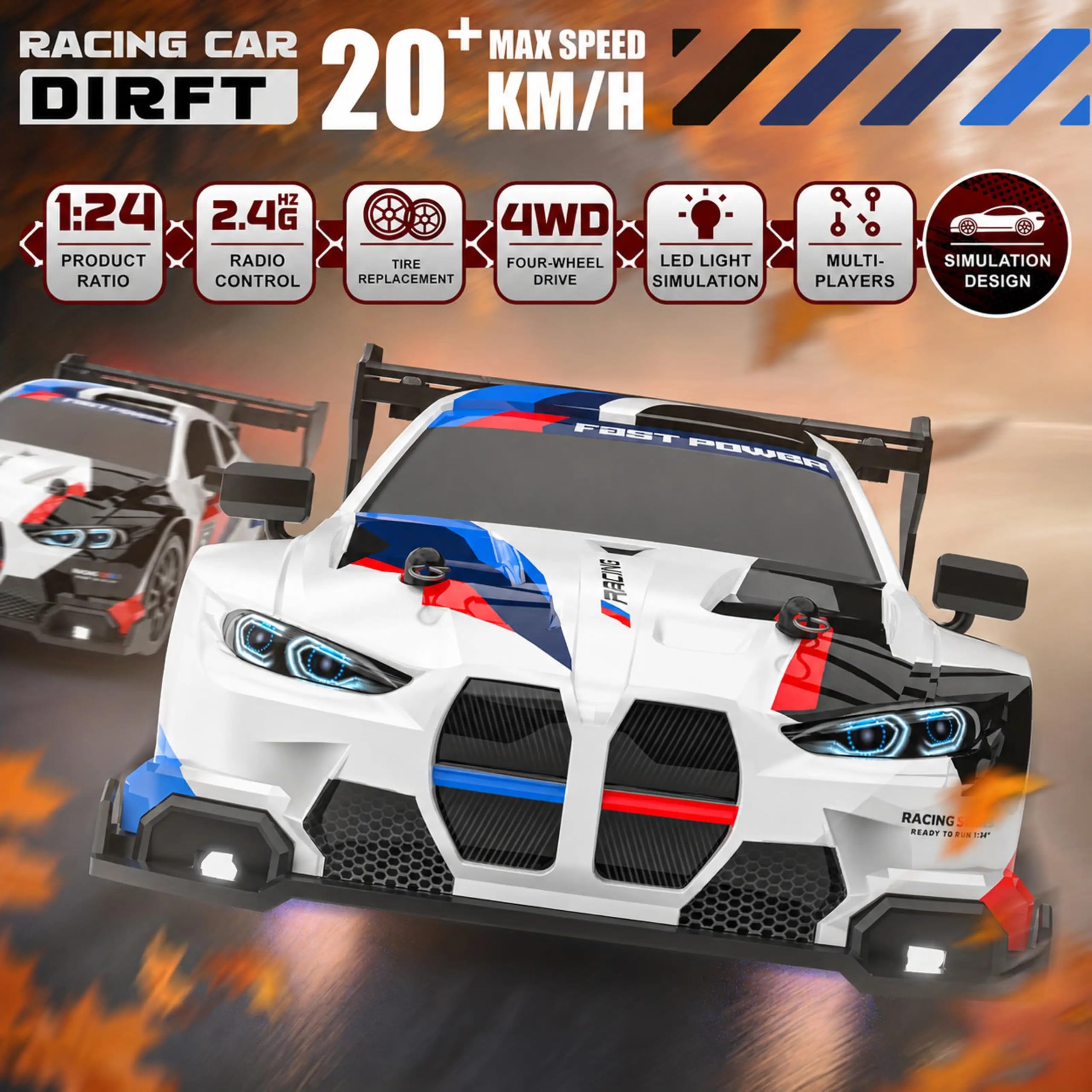 DWH BMV High Speed RC Drift Car 1:24 Scale | 2.4GHz Remote Control | USB Rechargeable | LED Lights | Extra Drift Tires | Racing Toy Car for Kids & Adults — Amazon image 4