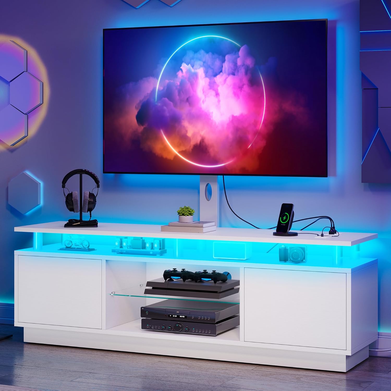 YITAHOME Modern TV Stand with Adjustable Height Mount for 75/70/65 Inch TVs – Built-in Power Outlets, LED Light Strip, Media Console with Storage, Entertainment Center for Living Room, White