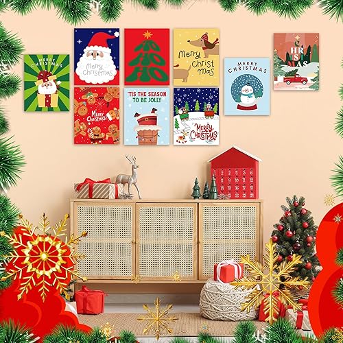 Miniatura 5 de AmazingSpark 9 pósteres navideños de papel de Papá Noel, con diseño de pan de jengibre, muñeco de nieve y alce, impresiones de pared de moda,