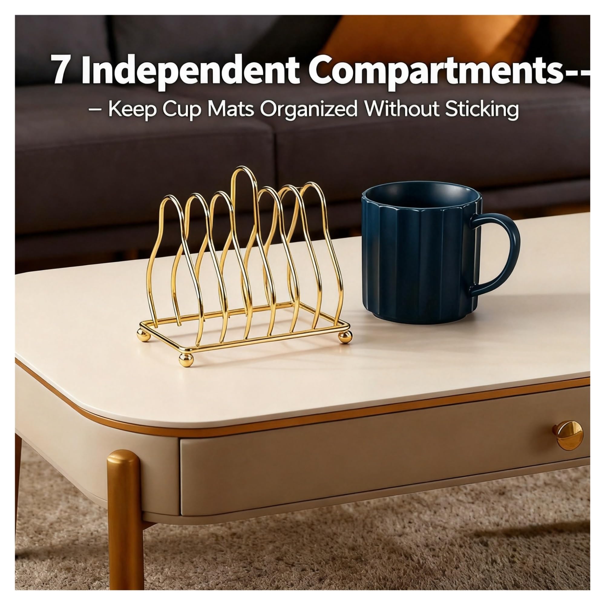 Soporte para Posavasos de Metal con 7 Ranuras | Estante vertical inoxidable para posavasos y vajillas de bolitas(Gold)