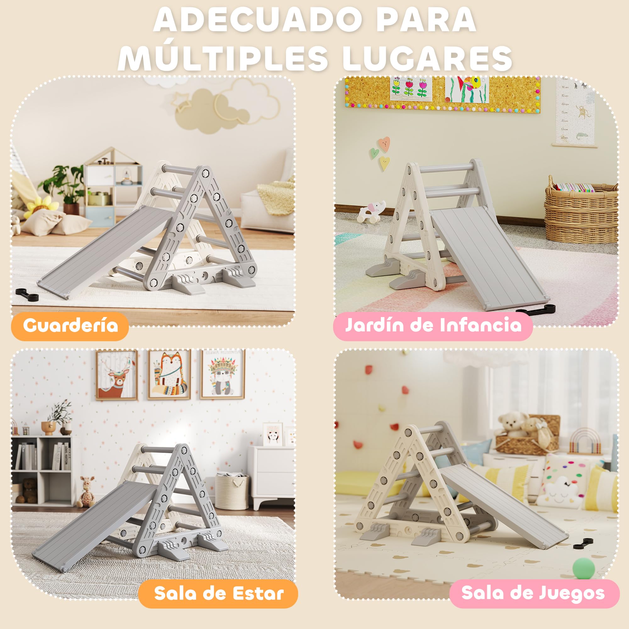 AIYAPLAY Triángulo de Escalada 3 en 1 con Tobogán y Rampa Escalador, Juguete de Escalada para Niños de 18-48 Meses, de Plástico, para Interior y Exterior, Gris y Blanco