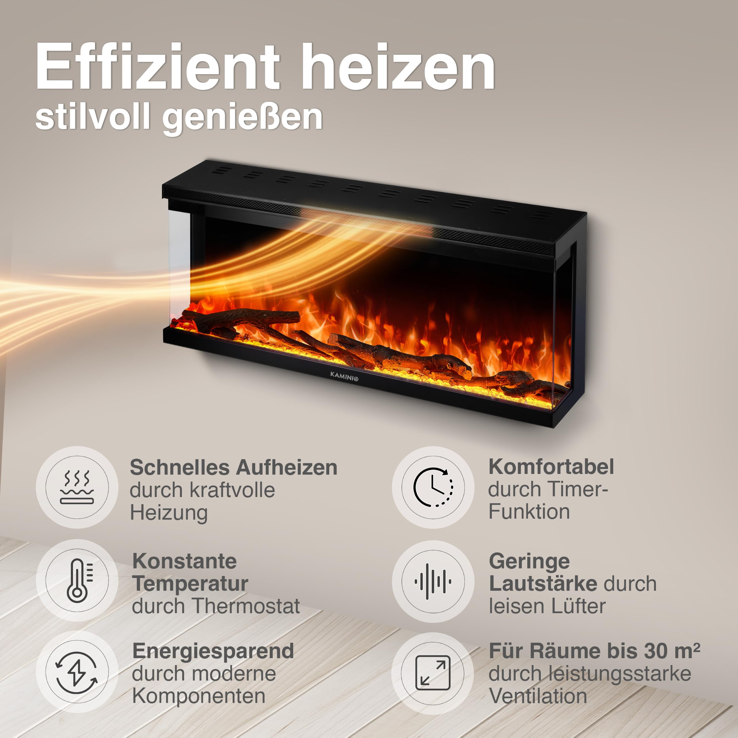 KAMINIO Elektrokamin LEA - Elektrischer 3-in-1 Kamin mit Panoramaview, Heizung, 3D-Flammeneffekt, 12 Flammenfarben, Fernbedienung (36 Zoll)