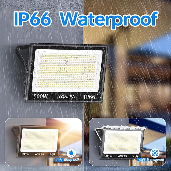500W LED Flood Lights Outdoor with 10FT Cord Waterproof, 60000LM, 2 Pack | 5000K, IP66 Outdoor/Indoor, Plug in, Bright Yard Lighting for Garden, Lawn, Stadium