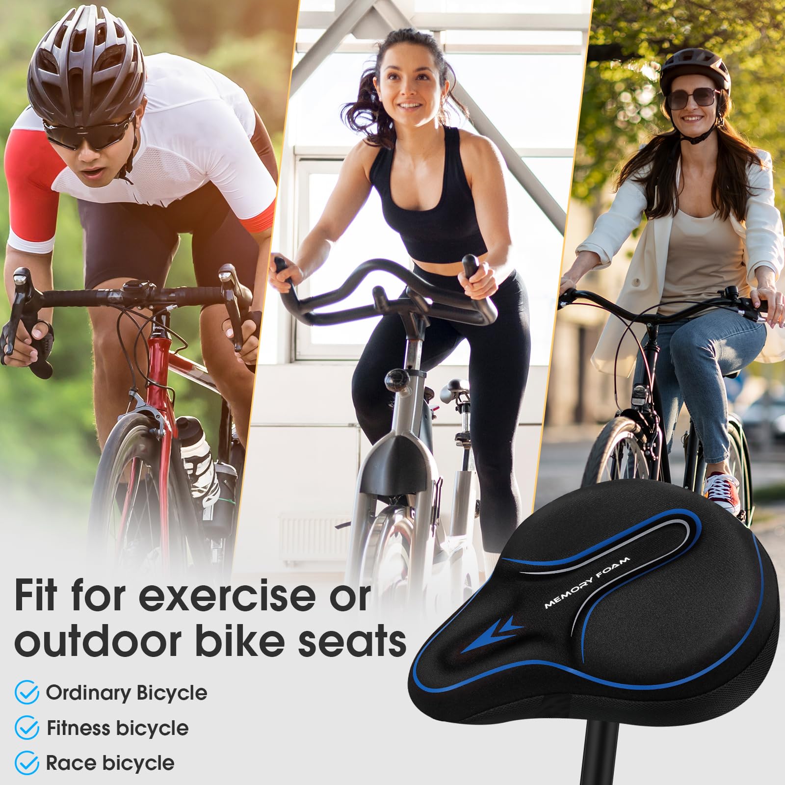Coprisedile imbottito in memory foam, morbido cuscino per bici da uomo e donna, comodo accessorio per bici, ciclismo all'aperto e al chiuso (blu)