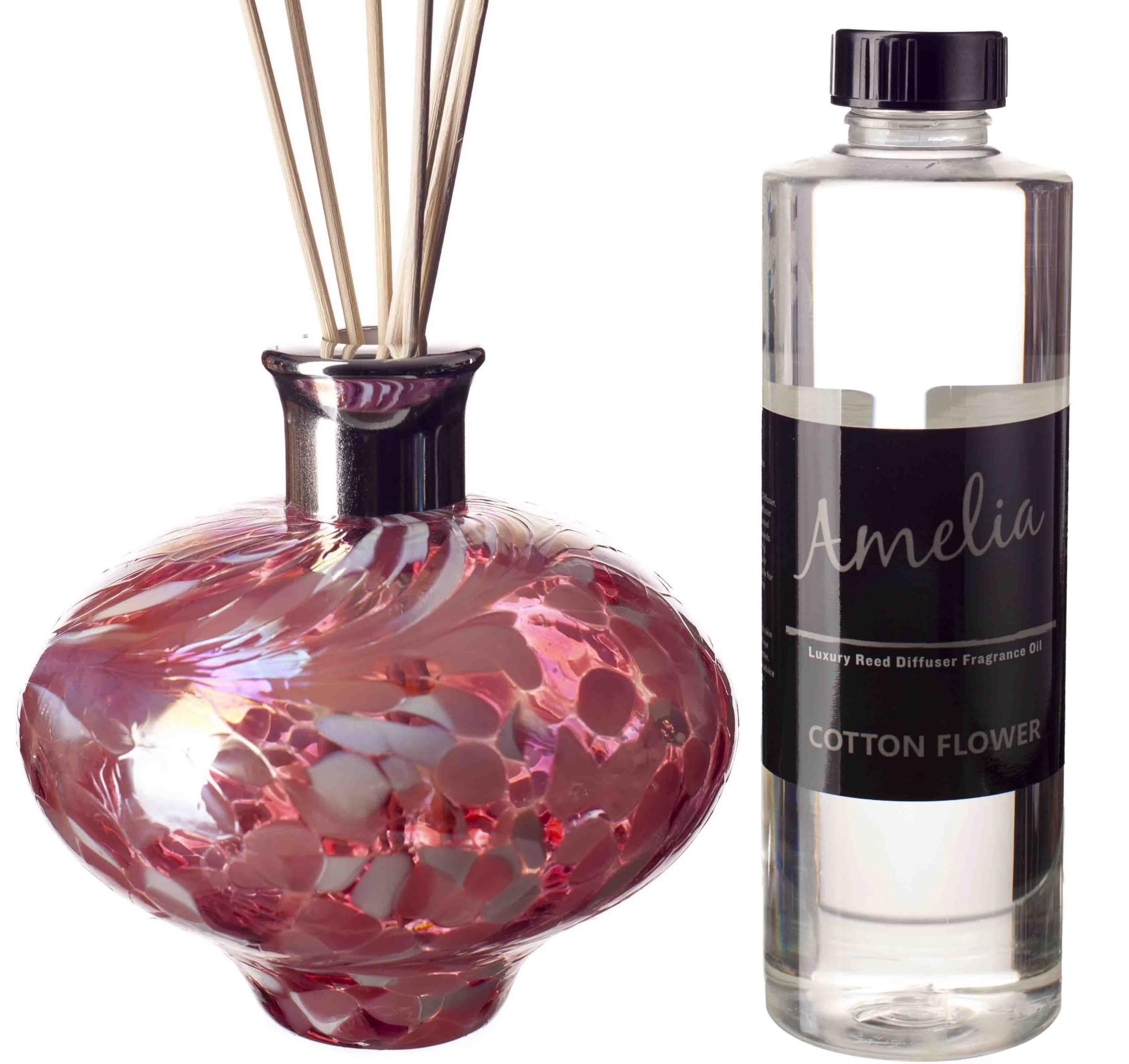 Amelia Art Glass White, Pink Oval Reed Diffuser Pink And White With Cotton Flower Fragrance