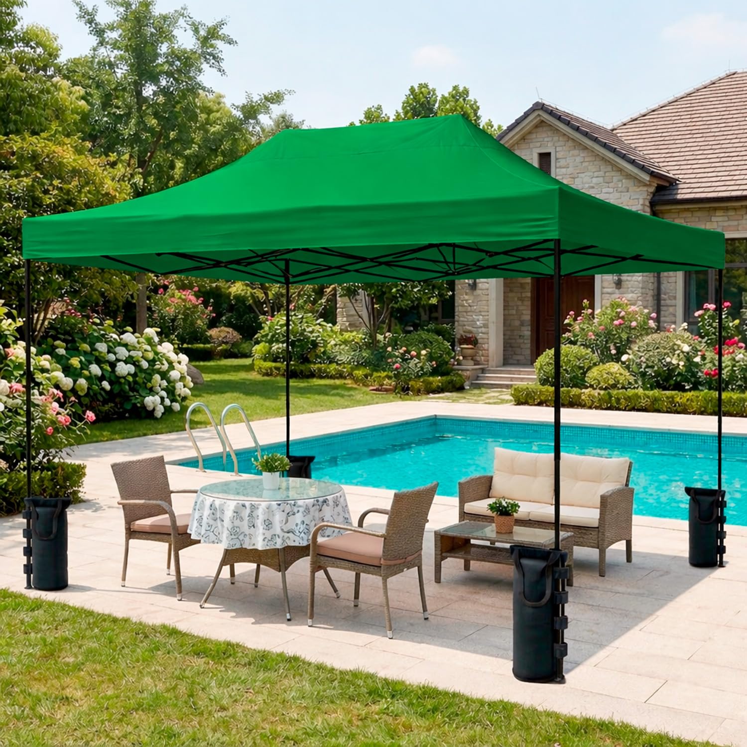 Gazebo Professionale 3x4.5 M Richiudibile Automatico In Acciaio Con Telo Oxford 1200D PVC Impermeabile e Anti UV Struttura a Fisarmonica con Sacche Zavorra e Borsa Trasporto Sagre Feste (Verde)