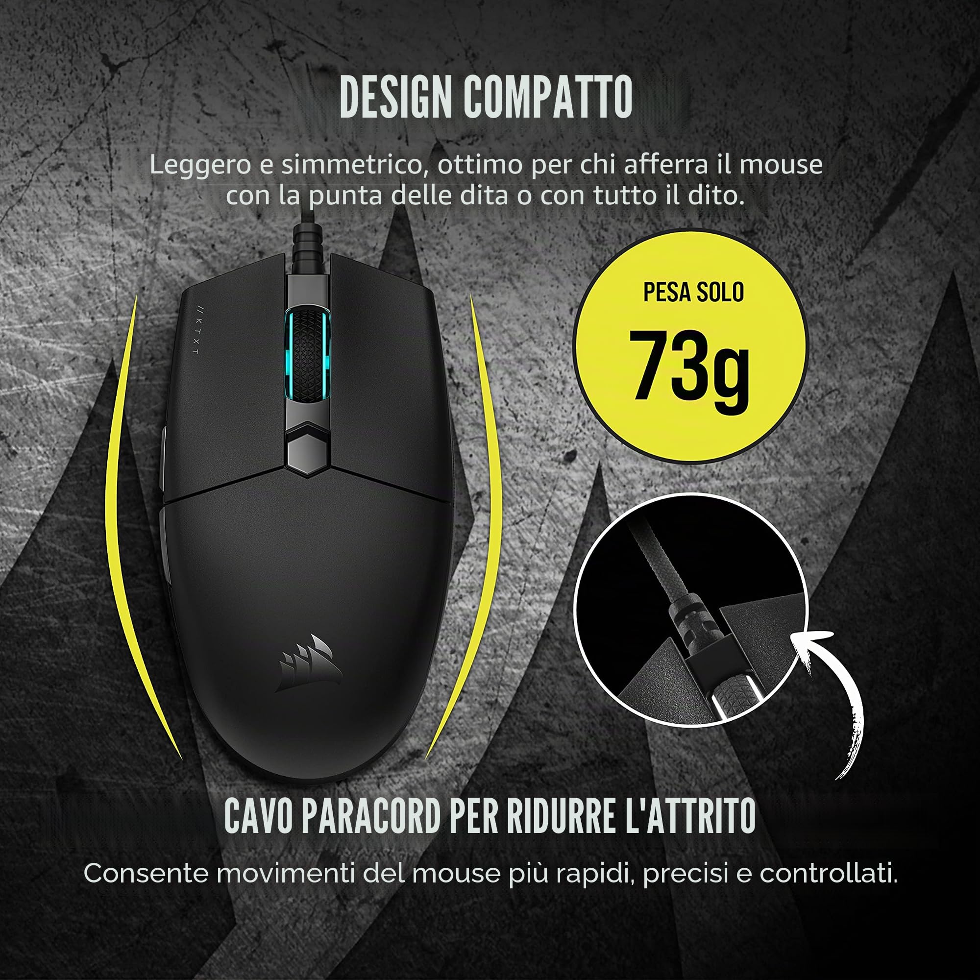Corsair Katar Pro XT - Mouse da gioco ultra leggero, sensore ottico PixArt da 18 k DPI, illuminazione con rotella di scorrimento RGB, 6 pulsanti programmabili, cavo Paracord leggero, nero