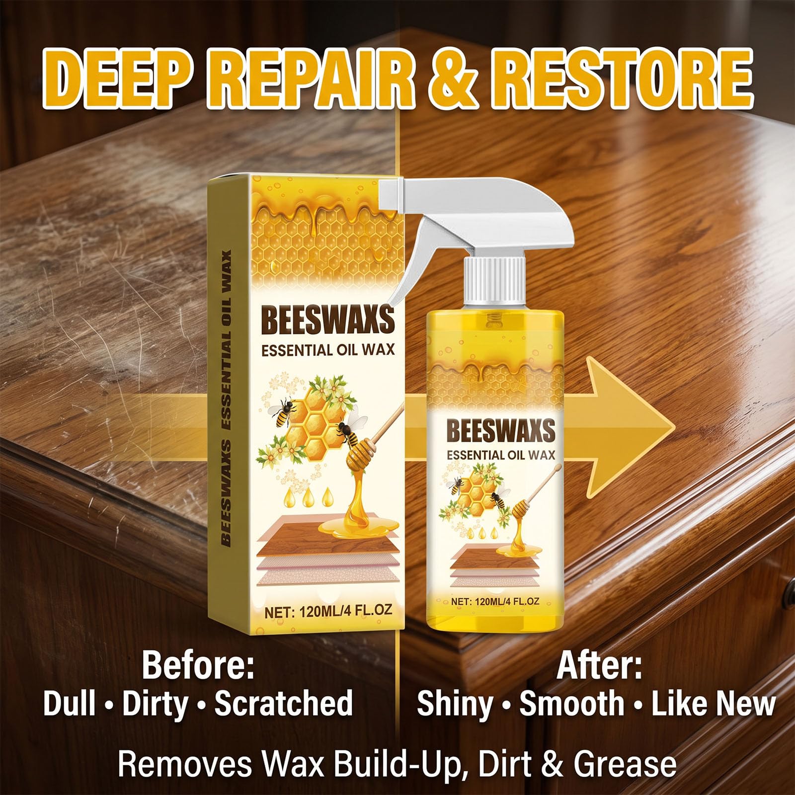 Natural Micro-Molecularized Beeswax Spray, Beeswaxs Essential Oil Wax, Multi-Purpose Furniture Beeswax Wood Polish, Wood Cleaner Repairing and Care Spray, Restores Shine & Removes Scratches (1) - 3