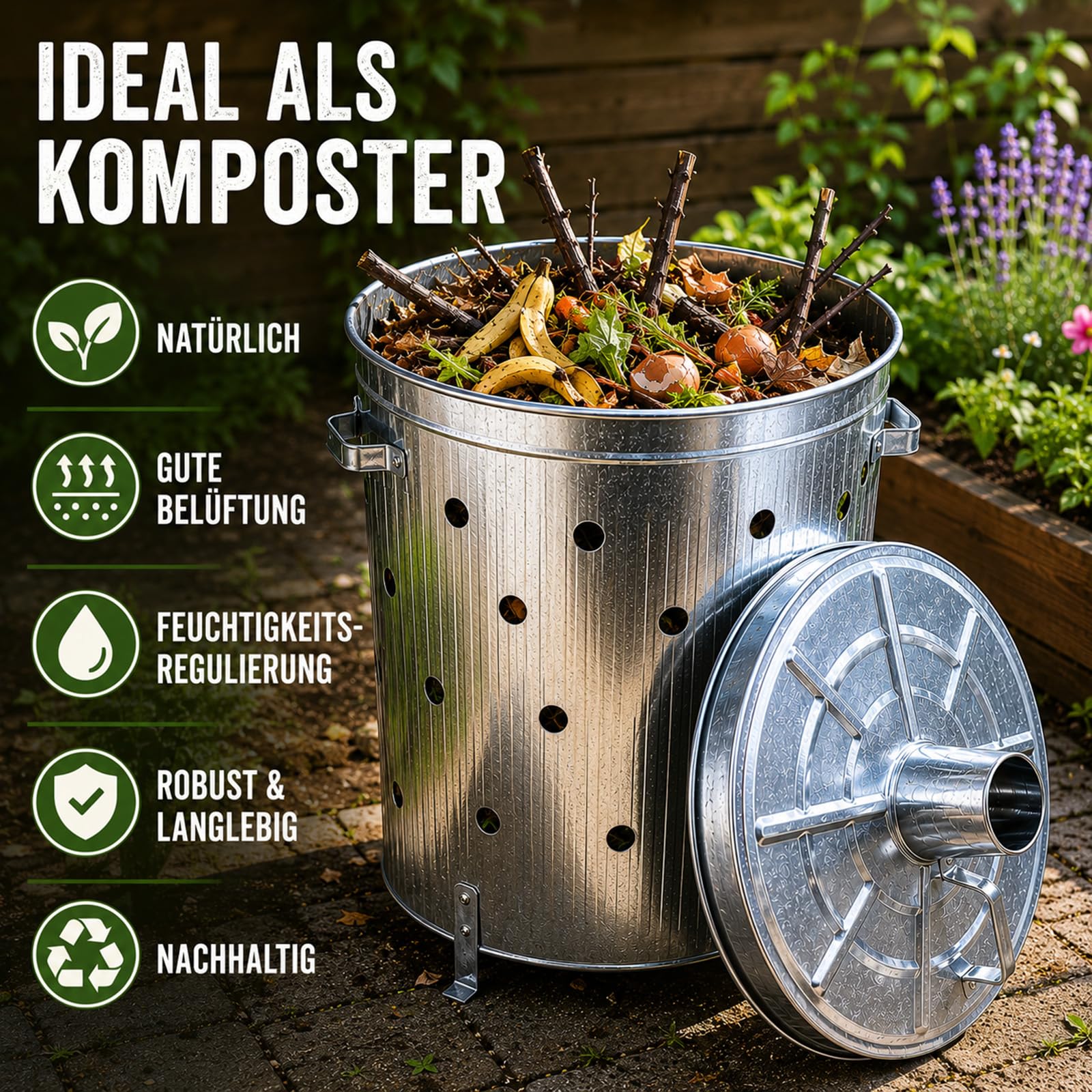 BURI 2 unidades de 75 l cada uno de 47 x 74 cm metal galvanizado con tapa para el jardín, brasero de jardín, brasero, brasero, cestas, braseros para el jardín, brasero para exteriores