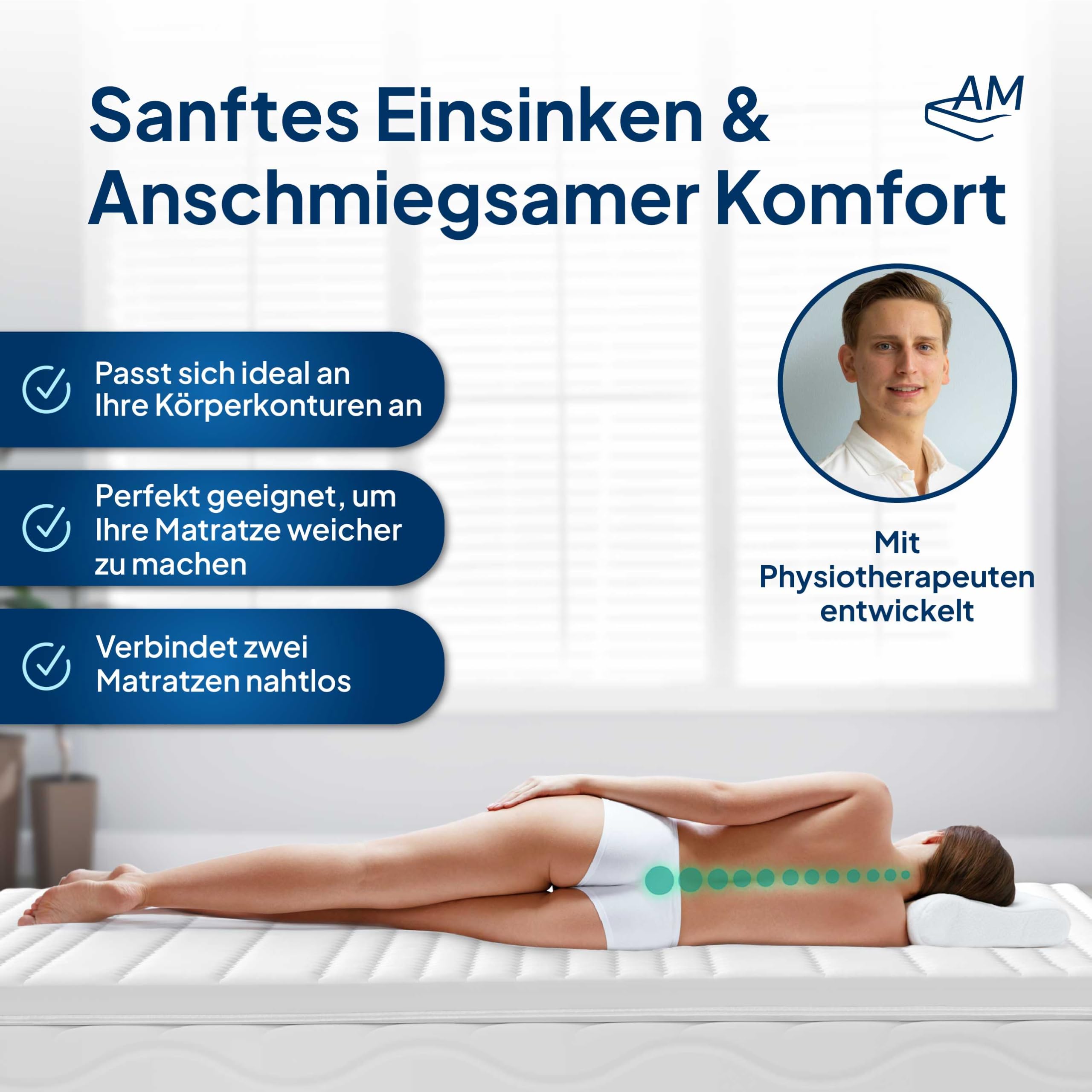 AM Qualitätsmatratzen Visco Topper 90x200cm H2 - Made in Germany - Oeko TEX zertfizierter Memory Foam Topper 90x200 mit Lyocell Bezug - Druckentlastende & viscoelastische Matratzenauflage 90x200