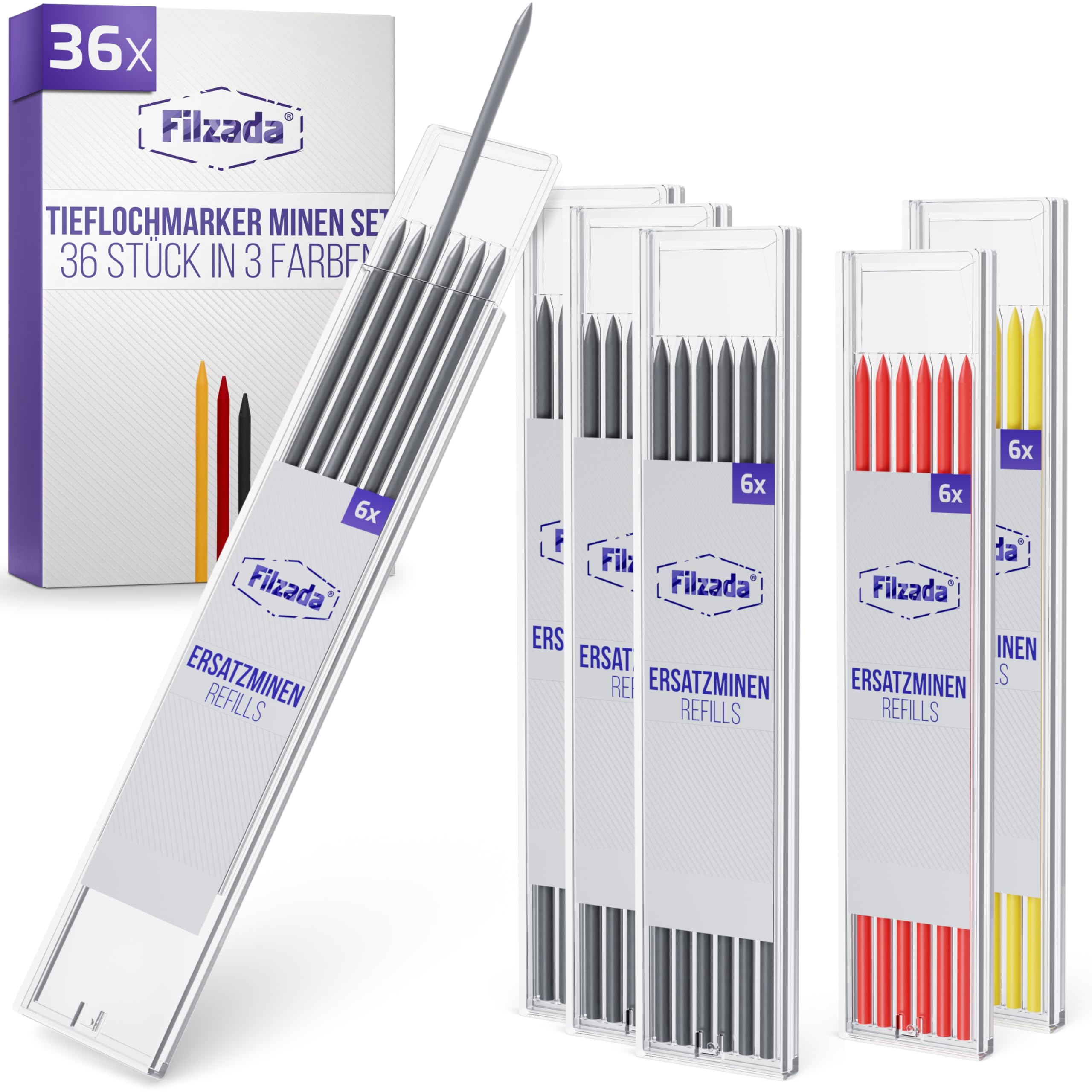 Filzada® 36x Tieflochmarker Minen 2,8mm in grau, gelb, rot - robuste Bleistift Mine für Zimmermannsbleistift - Baustellen Bleistift Minen - Ersatzminen für Bohrlochmarker - Handwerker Bleistiftminen