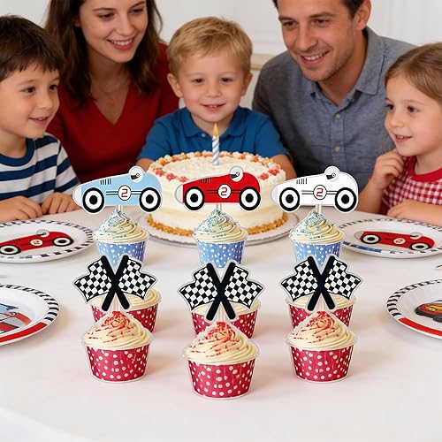 Vista 2 de 48 piezas de decoración para cupcakes de 2º cumpleaños de auto de carreras, decoraciones rápidas de dos cumpleaños para niños, decoraciones