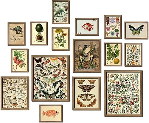 16 PCS Framed Vintage Wall Art Decor, Botanical Cottagecore Wall Prints for Bedroom, Gallery Wall Frame Set, Farmhouse Posters for Living Room