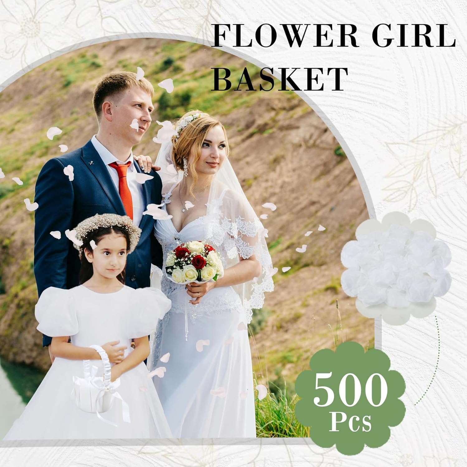 Ring Bearer Pillow - Flower Girl Basket, Wedding Flower Girl Basket and Ring Bearer Pillow Set, 500 Artificial White Ivory Rrose Petals, Fairy Flower Headband, Wedding Ring Pillow for Ceremony