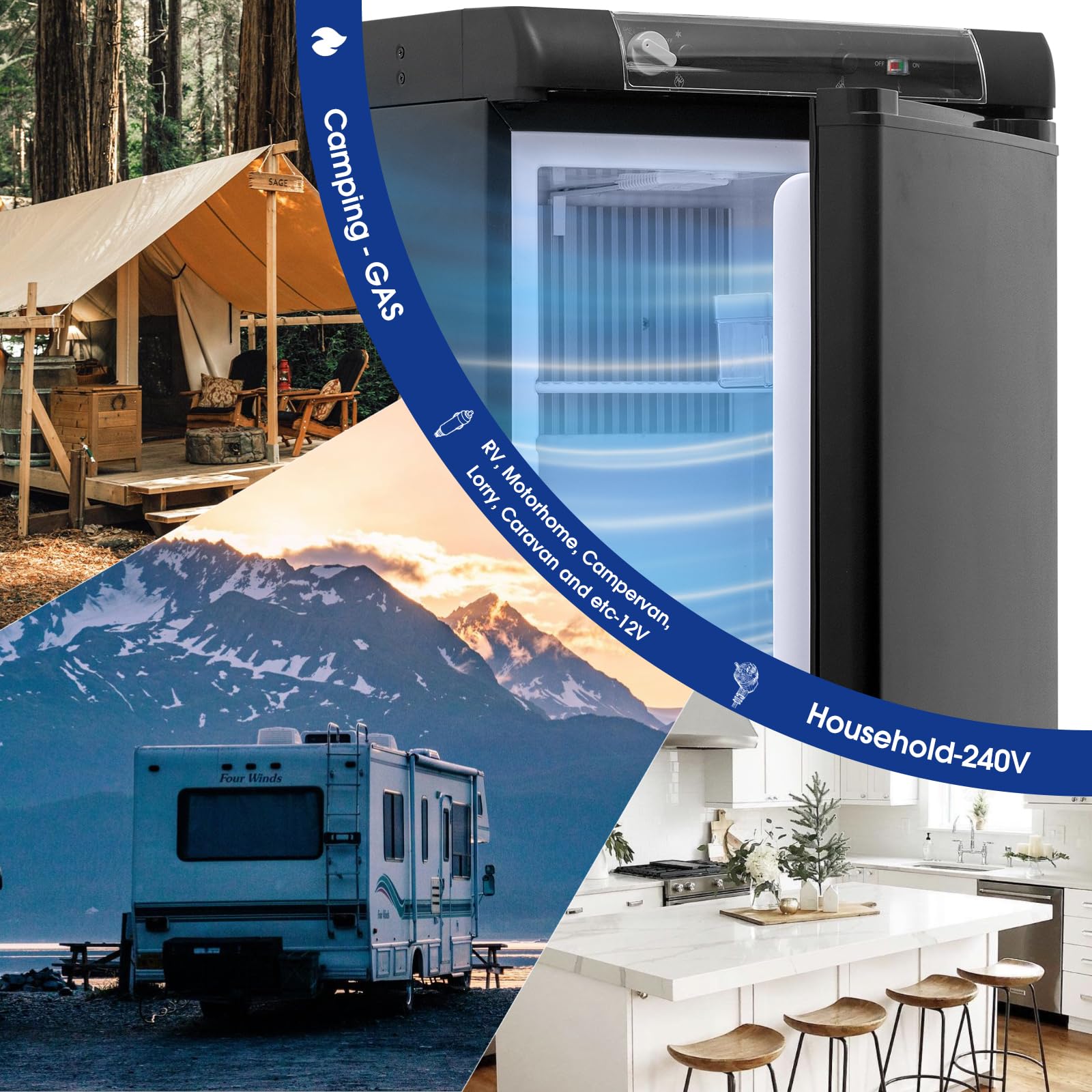 Smad Nevera Camping Gas 12V 220V, Nevera Trivalente 60L, Nevera de Gas propano, RV Nevera, Frigorificos Pequeños, Nevera silenciosa para Caravan, Autocaravana, Camión, Furgoneta Camper, 28mbar, Negro