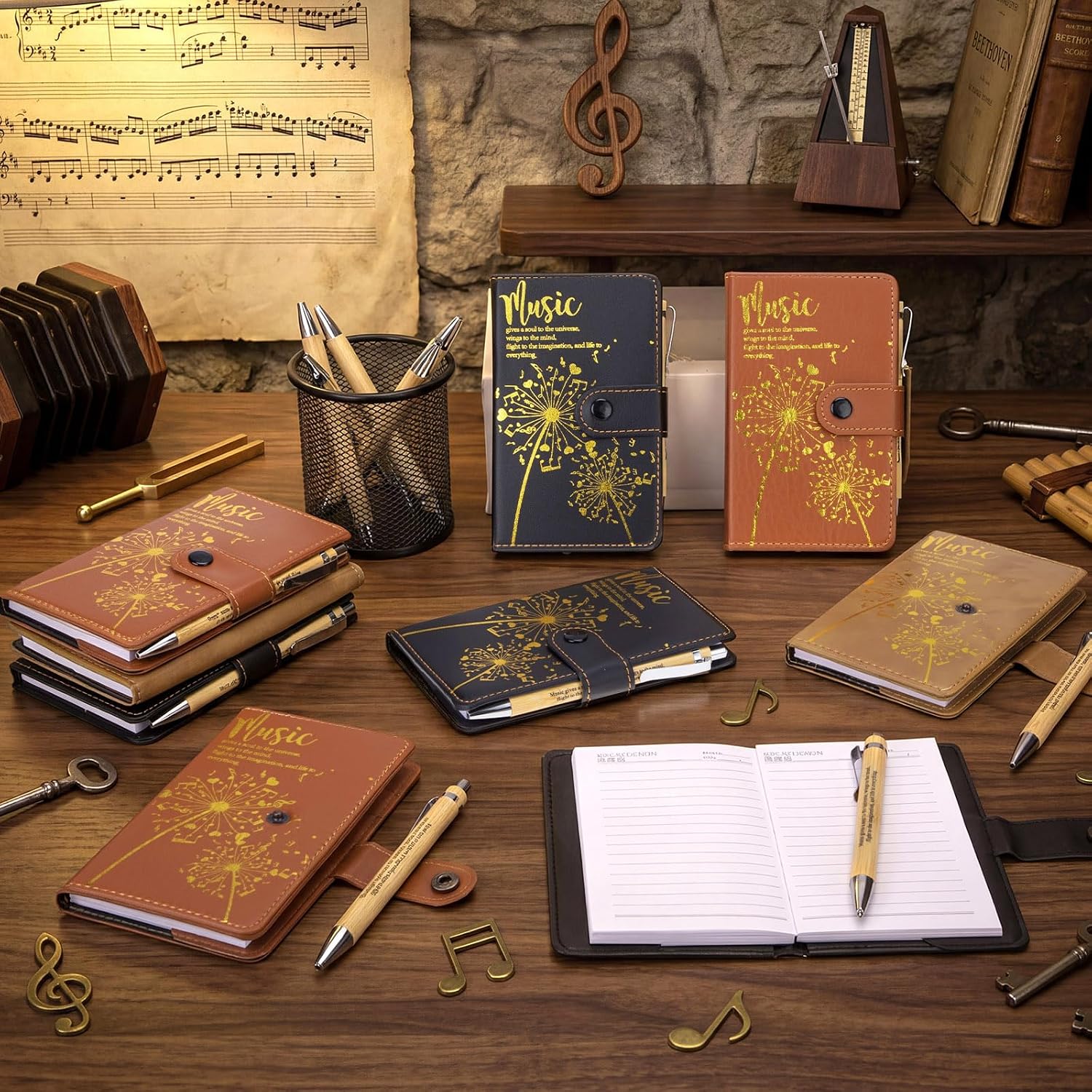 Gueevin 15 Sets Music Lover Gifts for Choir Members Inspirational Music Themed Leather Notebook with Piano Ballpoint Pen Teacher Appreciation Gift for Teen Student Musician Teacher Adult(Burlywood)