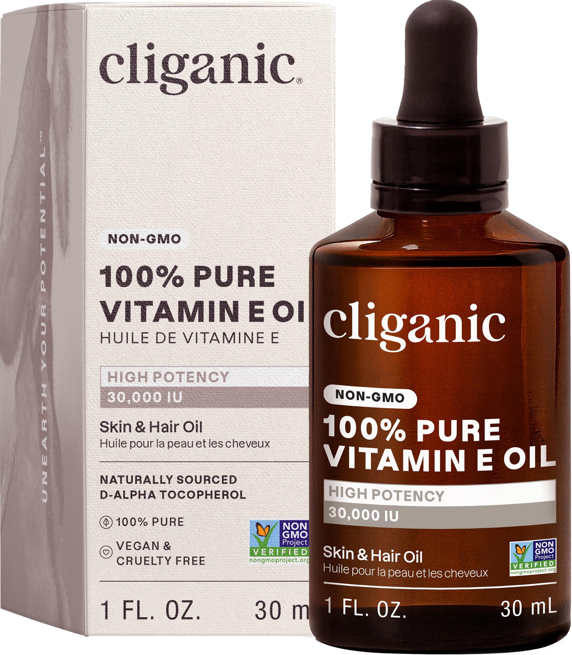 Cliganic Pure Vitamin E Oil for Skin, Scars, Hair & Face - 30,000 IU, Non-GMO Verified | Natural D-Alpha Tocopherol