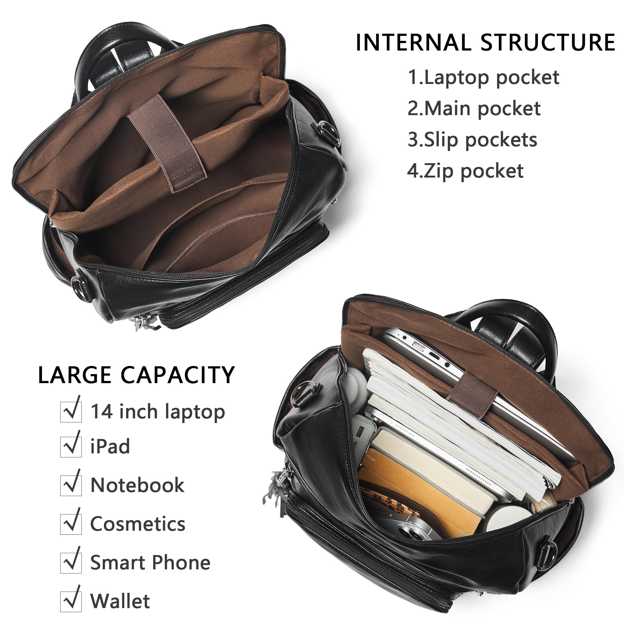 Shrrie Sac à dos ordinateur portable femme 15,6 pouces en cuir vegan | Sac tendance imperméable antivol à multiples poches,compartiment ordinateur,pour travail,voyage,affaires,université