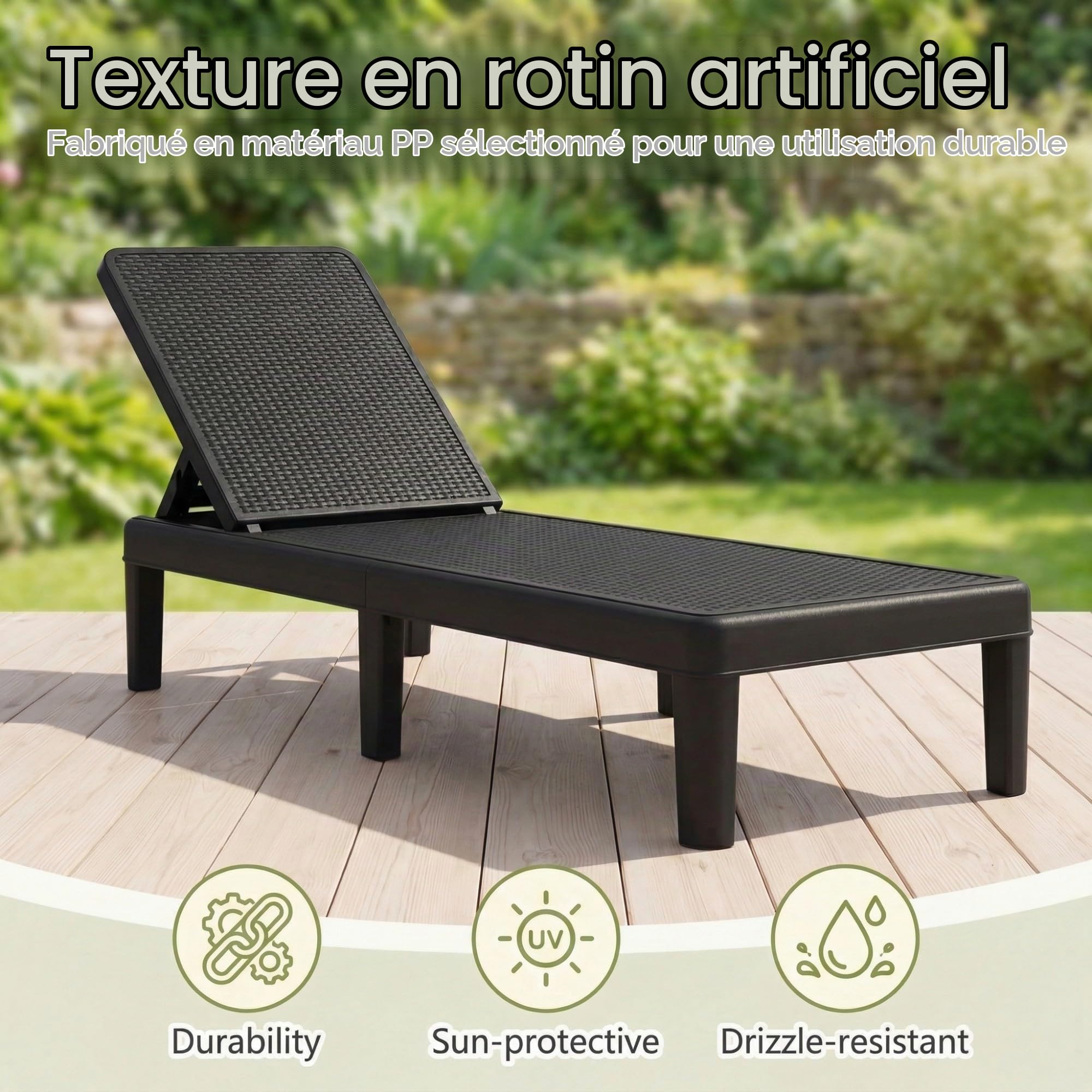 LIFEZEAL Chaise Longue de Jardin, Bain de Soleil Effet Rotin avec Dossier Réglable 4 Positions, Transat Jardin Exterieur Inclinable, Charge 150 kg, Chaise Bronzage pour Terrasse Patio (2*Noir)