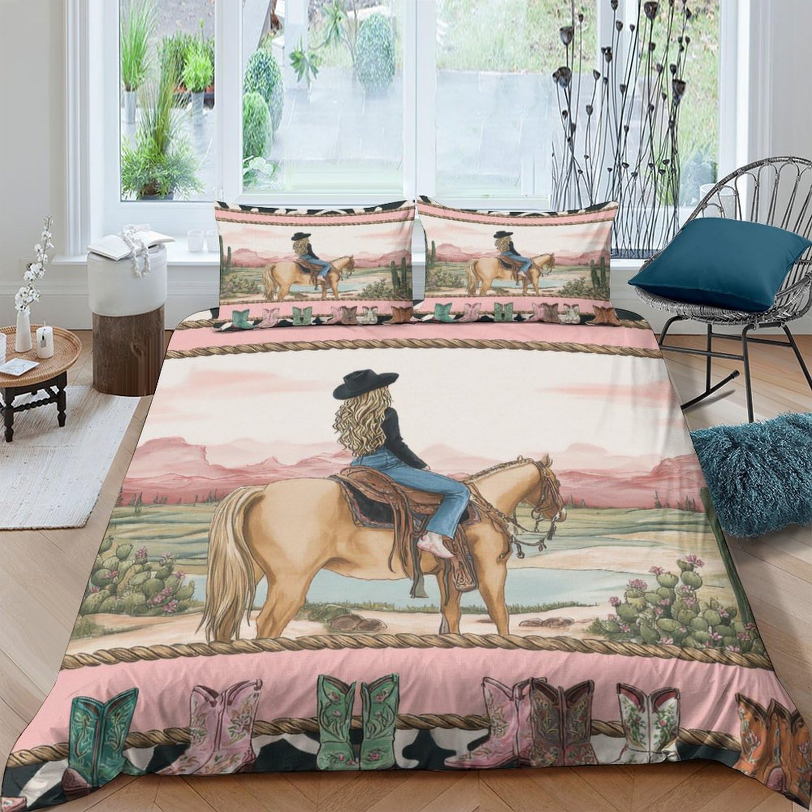 Ctjqhvkz Style-2 3D Printed Western Cowboy Fitted Sheet Microfiber Soft Pink Horse Ranch Bed Cover For Bedroom Guest Room Decor Single（135X200cm）