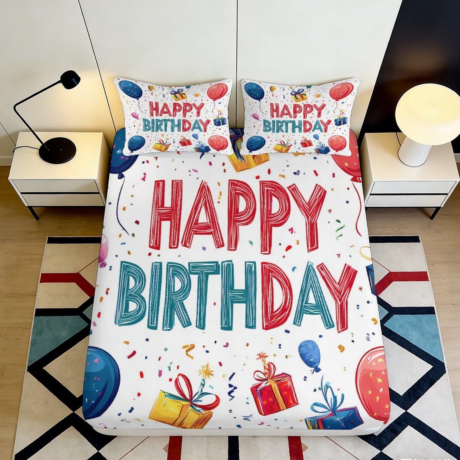3D Printed Happy Birthday Balloon Fitted Sheet Microfiber Colourful Confetti Bed Sheet for Bedroom Guest Room Decor 90x200x25cm