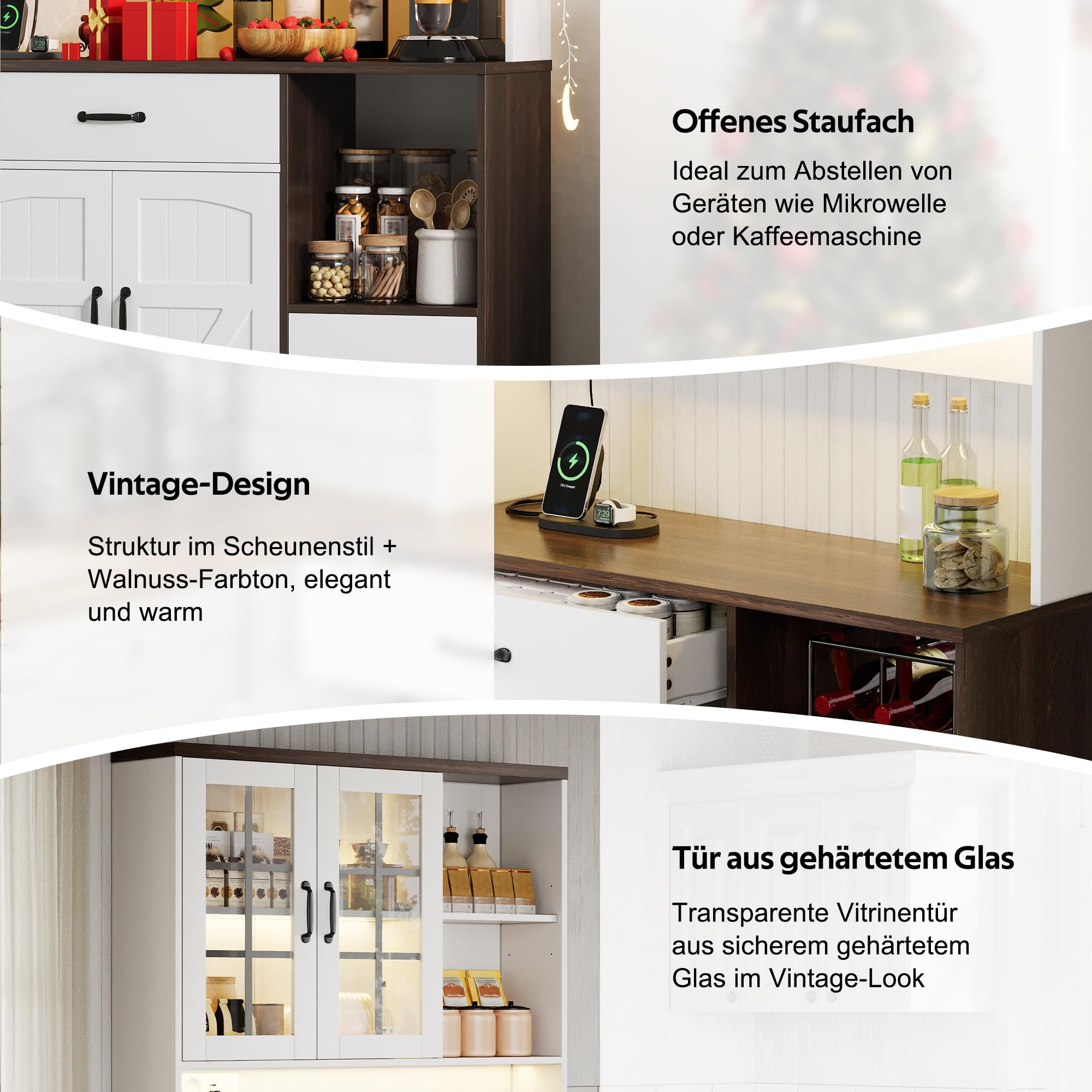 Credenza fienile nero e bianco 185 cm con LED e prese