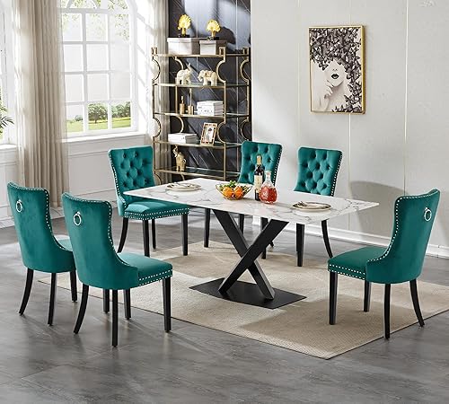 Miniatura 34 de Juego de mesa de comedor de mármol blanco para 6, 70 pulgadas, mesa de comedor de mármol blanco con 6 sillas de terciopelo beige y base de acero al