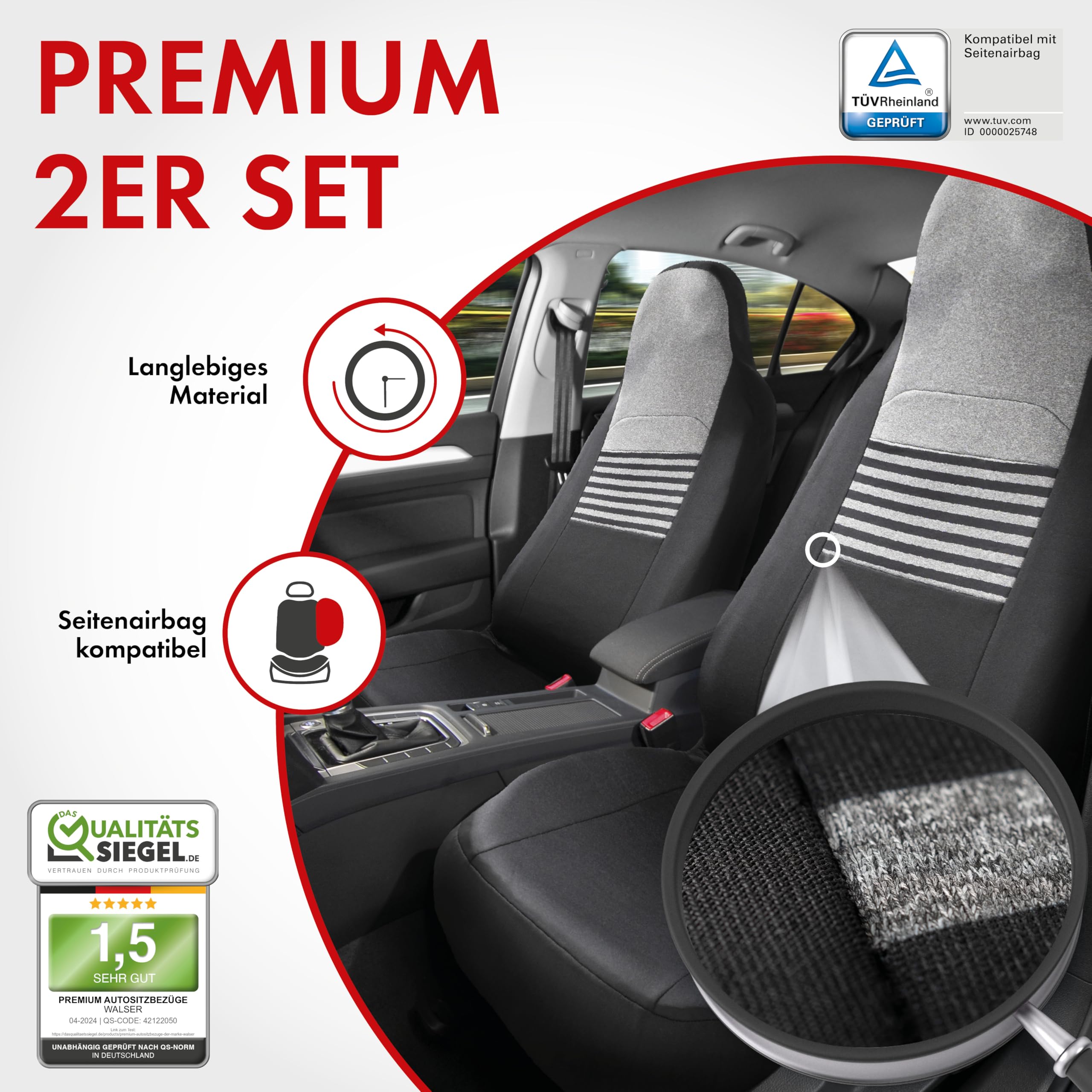 Walser Premium Autositzbezüge Gordon mit Reißverschluss Qualitätssieger Sehr Gut* Sitzbezüge Auto, Zipp-IT Schonbezüge, 2 Vordersitzbezüge schwarz/grau 11866