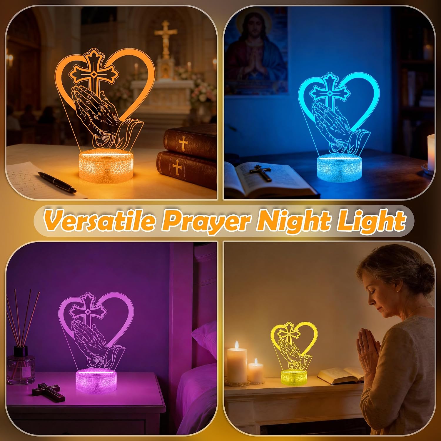 Lightzz 3D Prayer Night Light, Acrylic Religious Lamp with Praying Hands & Heart Cross, Religious Gift for Christian Men Women, 16 Color Changing RGB LED for Meditation Bedroom Decor