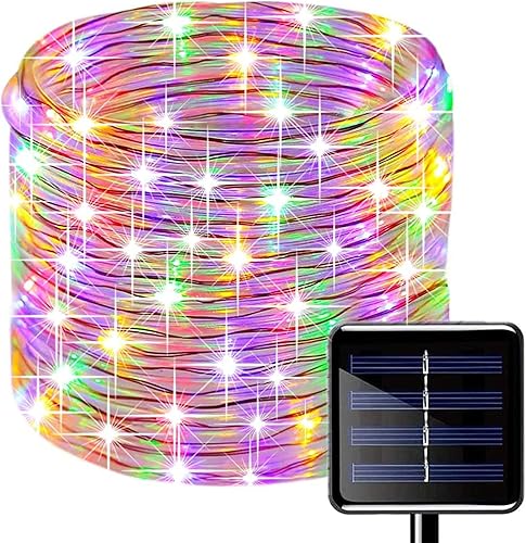 Oluote Cuerda de luces solares, 100 luces LED de 33 pies32.8 ft, 8 modos, impermeable, cadena de luces solares de alambre de cobre, luces de cuerda