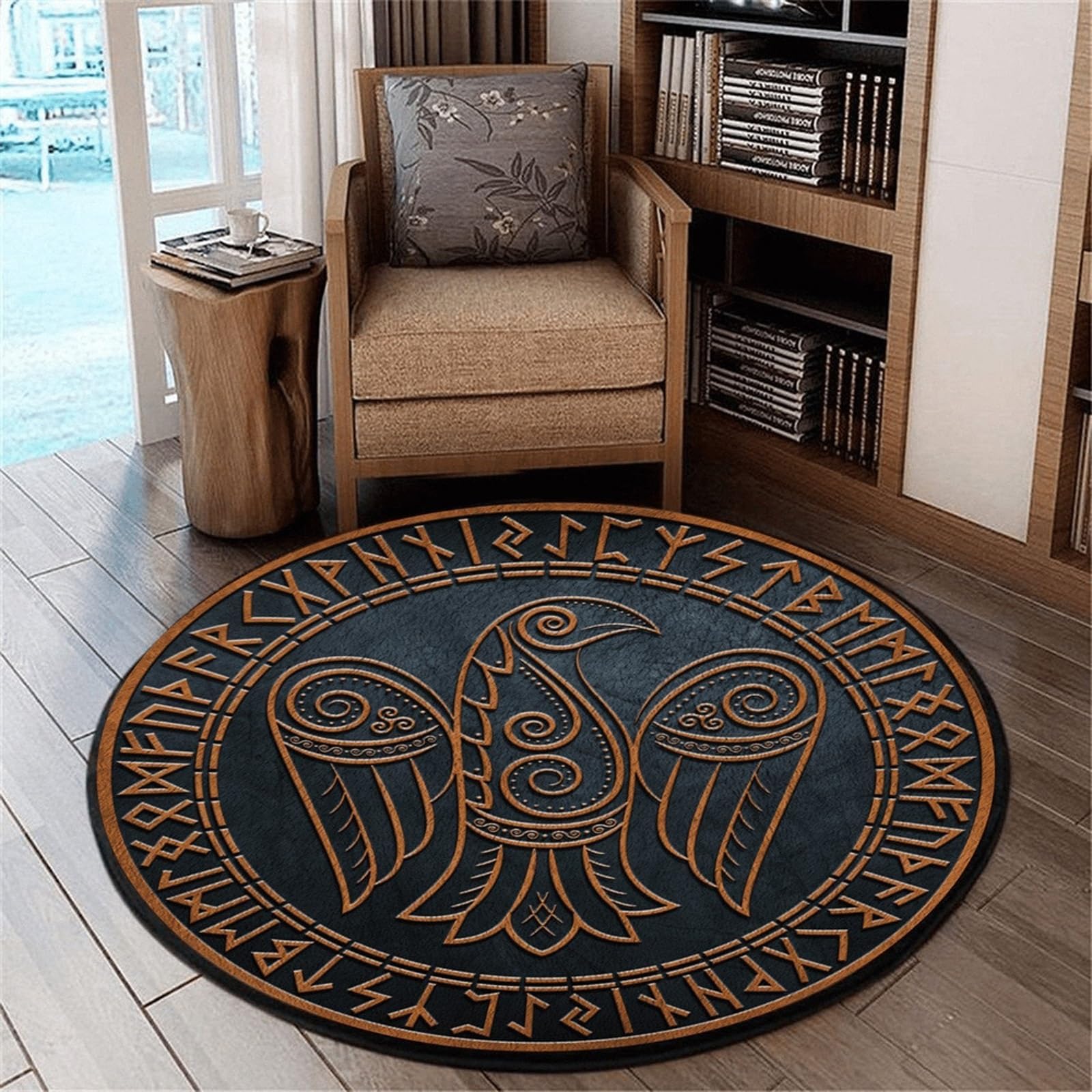 Tapis rond mythologie nordique arbre de vie imprimé 3D 120cm