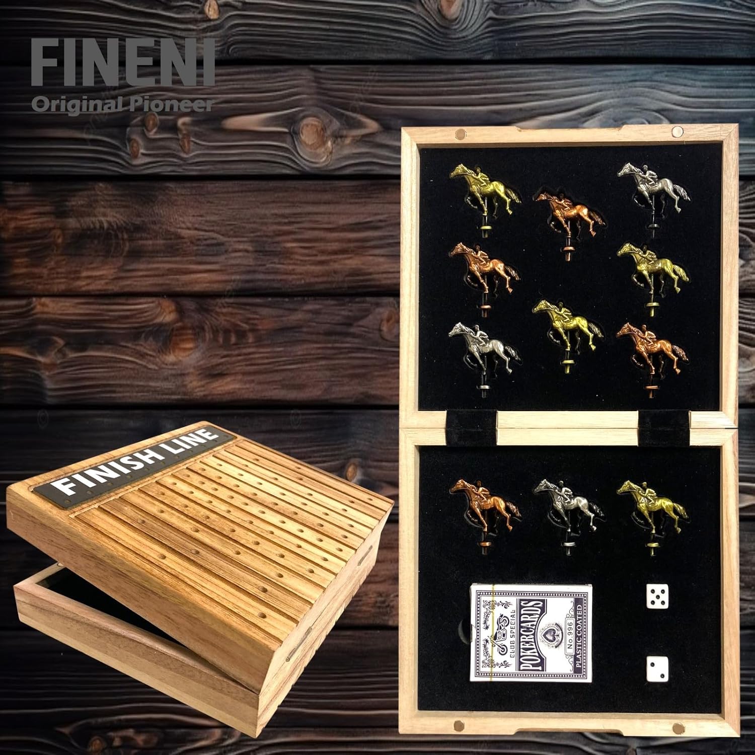 Horse Racing Game for Adults, Horse Race Board Game with 11 Antique Durable Metal Horses(Rose Gold, Bronze, Silver), 19” Foldable Wood Horse Race Game Board, Dice & Card Included (Log2)