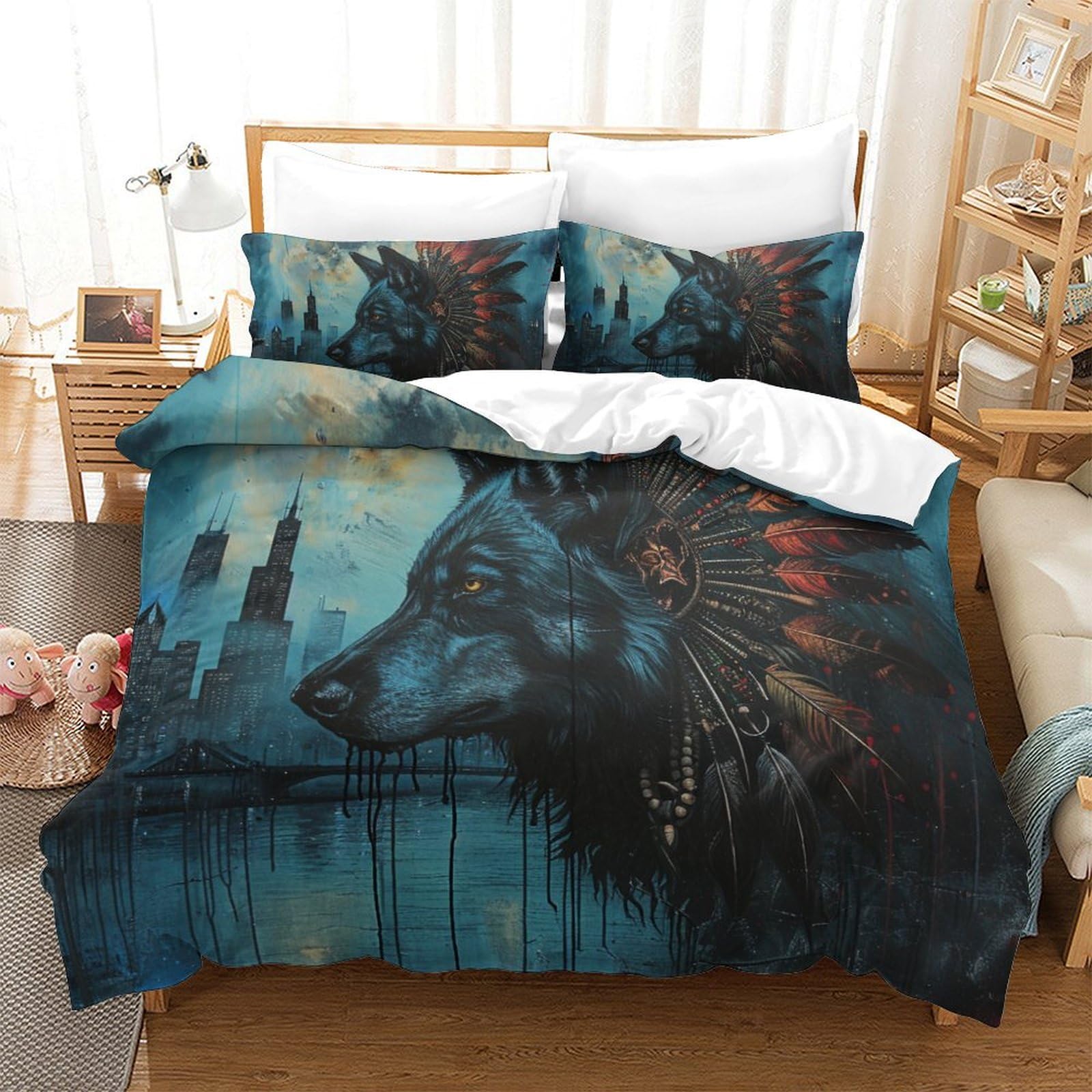 Housse de couette loup 3D Super King 260x220 en microfibre avec ses taies
