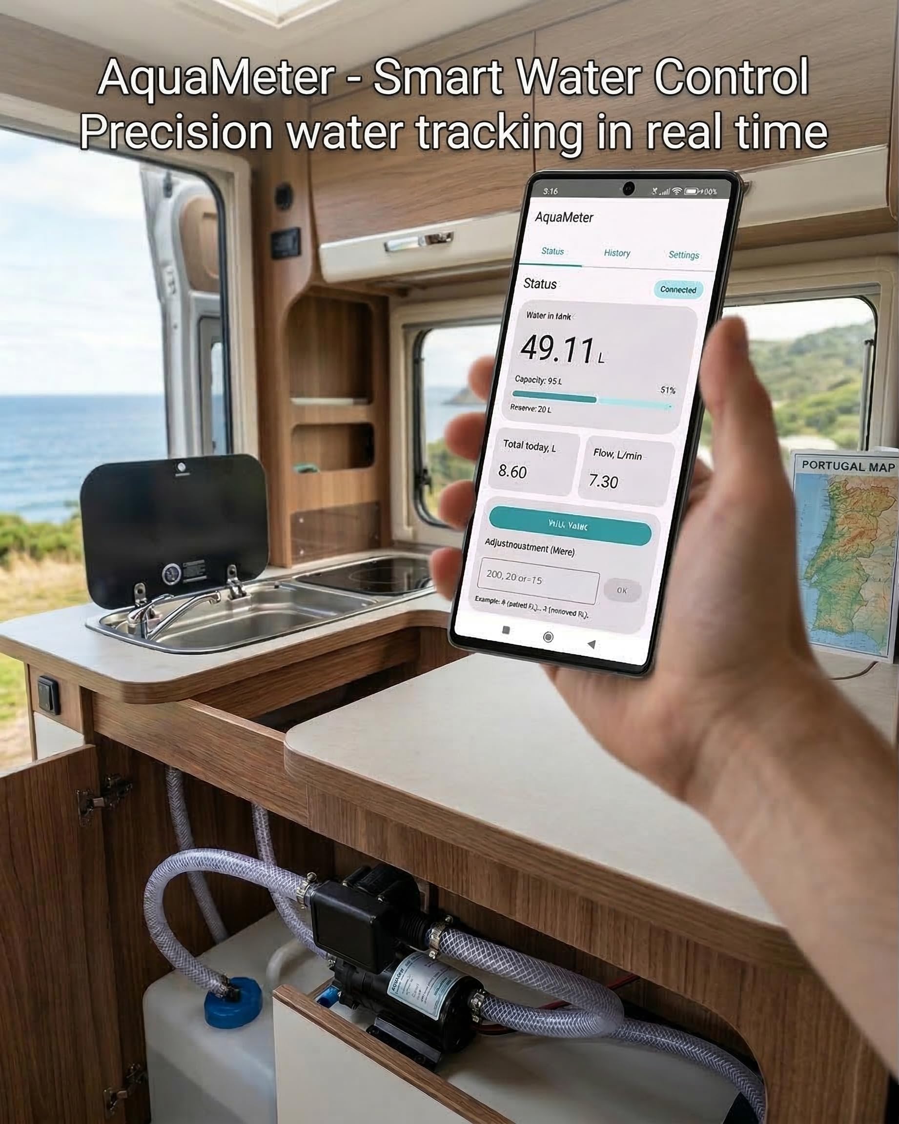 AquaMeter: Monitor de Agua para Depósito de Autocaravana y Camper - Sensor de Nivel Basado en Flujo - App Android/iOS Bluetooth - Alta Precisión - Sin Taladrar