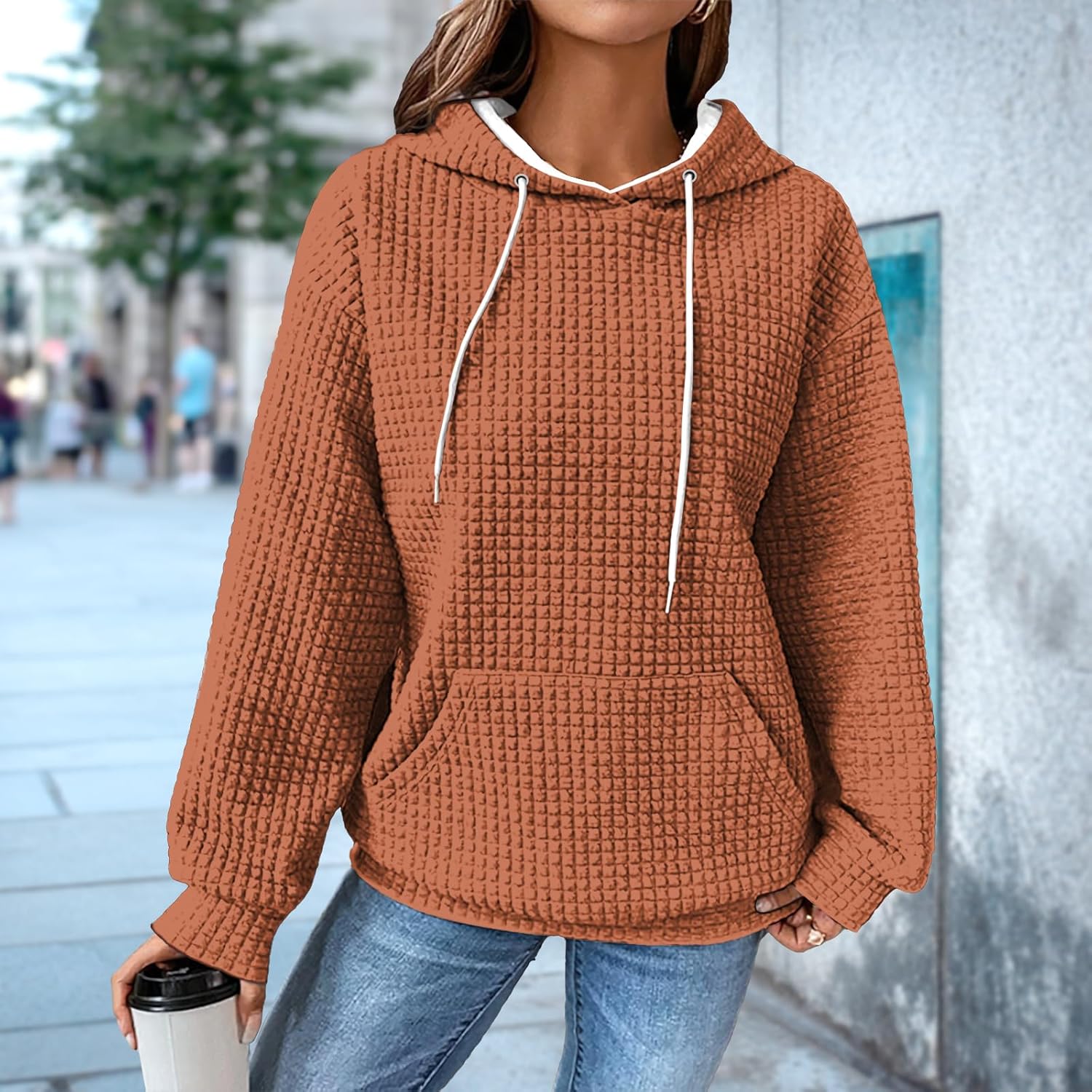 MARSVOVO Oversized Sweatshirt for Women Fall Winter Pullover Solid Color Drawstring Waffle Hoodies Trendy Warm Outfits - Image 2