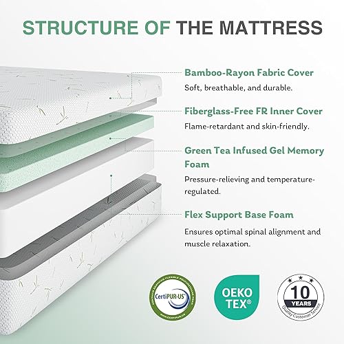 Miniatura 3 de Colchón individual de 8 pulgadas para niños y literas, espuma viscoelástica refrescante con gel de té verde, firmeza media, sin fibra de vidrio,
