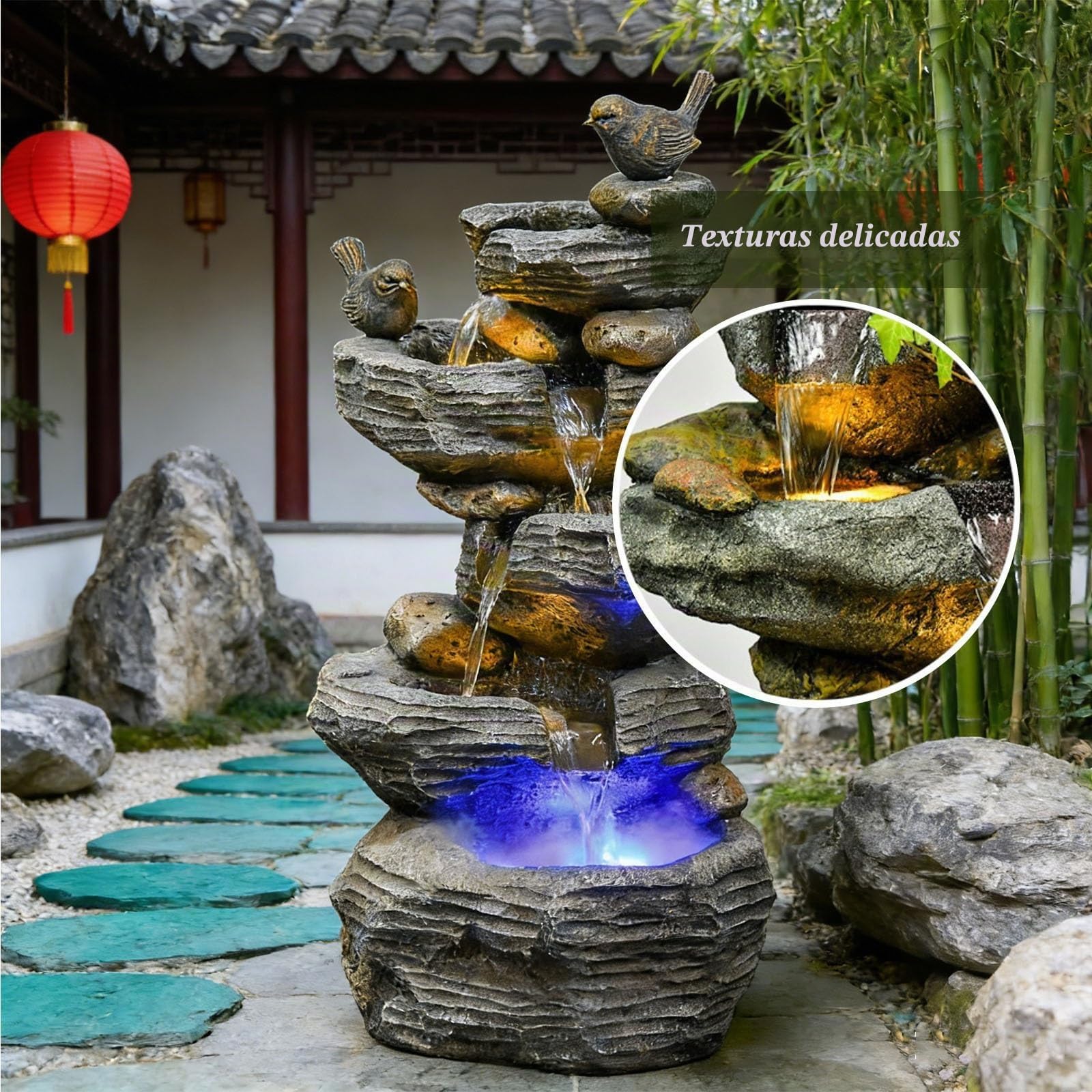 Fuente de agua de roca en cascada con luces LED para decoración de jardín y patio al aire libre