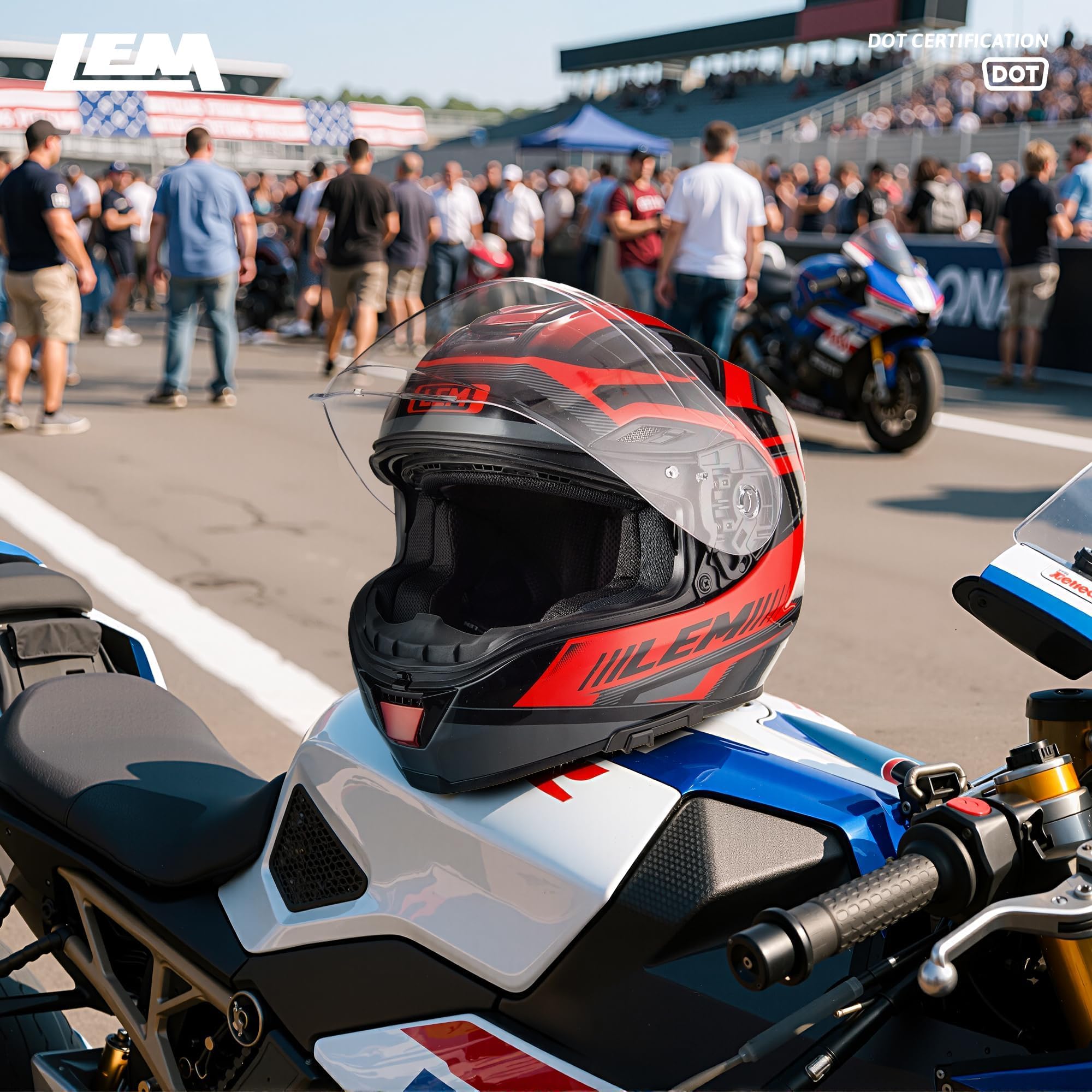 LEM Motorcycle Helmets Full Face, Helmets for Men DOT Certified, PINLOCK & DVS Dual Vision, Motorcycle Street Bike Helmet for Adults Fiberglass Shell Bluetooth Ready for Cruiser(Red/Black, Size M)